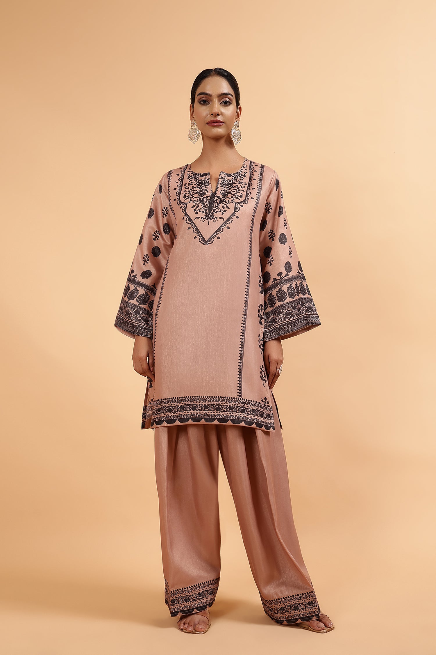 Lawn Cotton Shimmer Printed Cord Set with Black Motif Print & Farsi Bottom - Beige