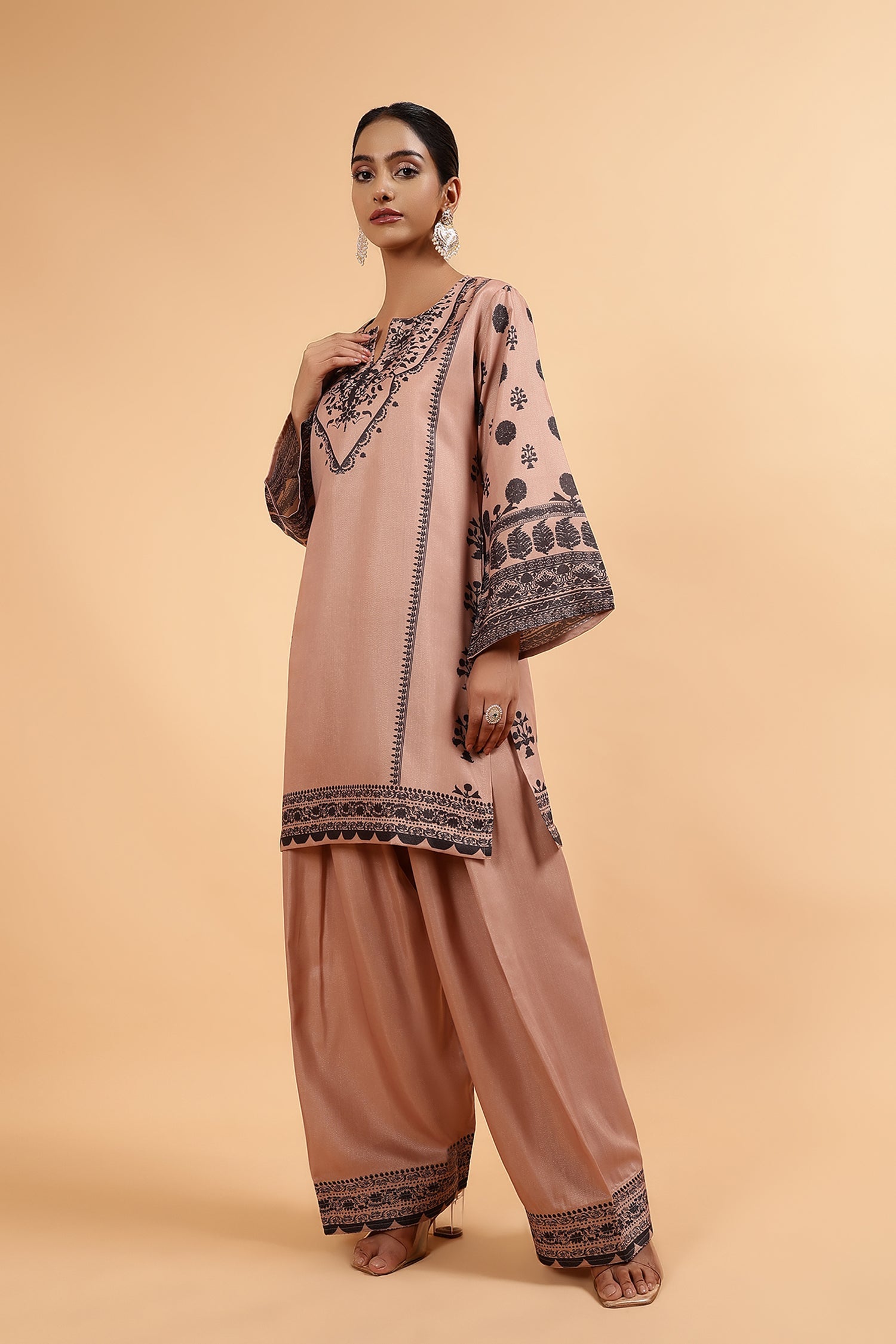 Lawn Cotton Shimmer Printed Cord Set with Black Motif Print & Farsi Bottom - Beige