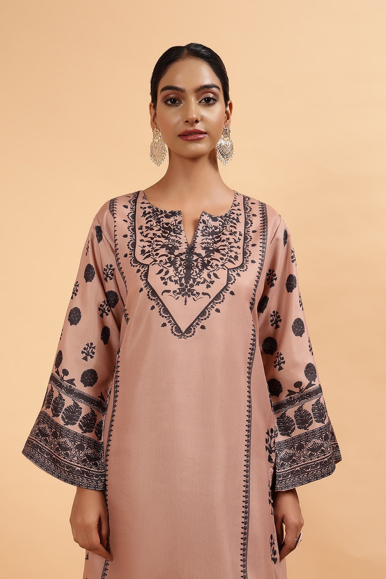 Lawn Cotton Shimmer Printed Cord Set with Black Motif Print & Farsi Bottom - Beige