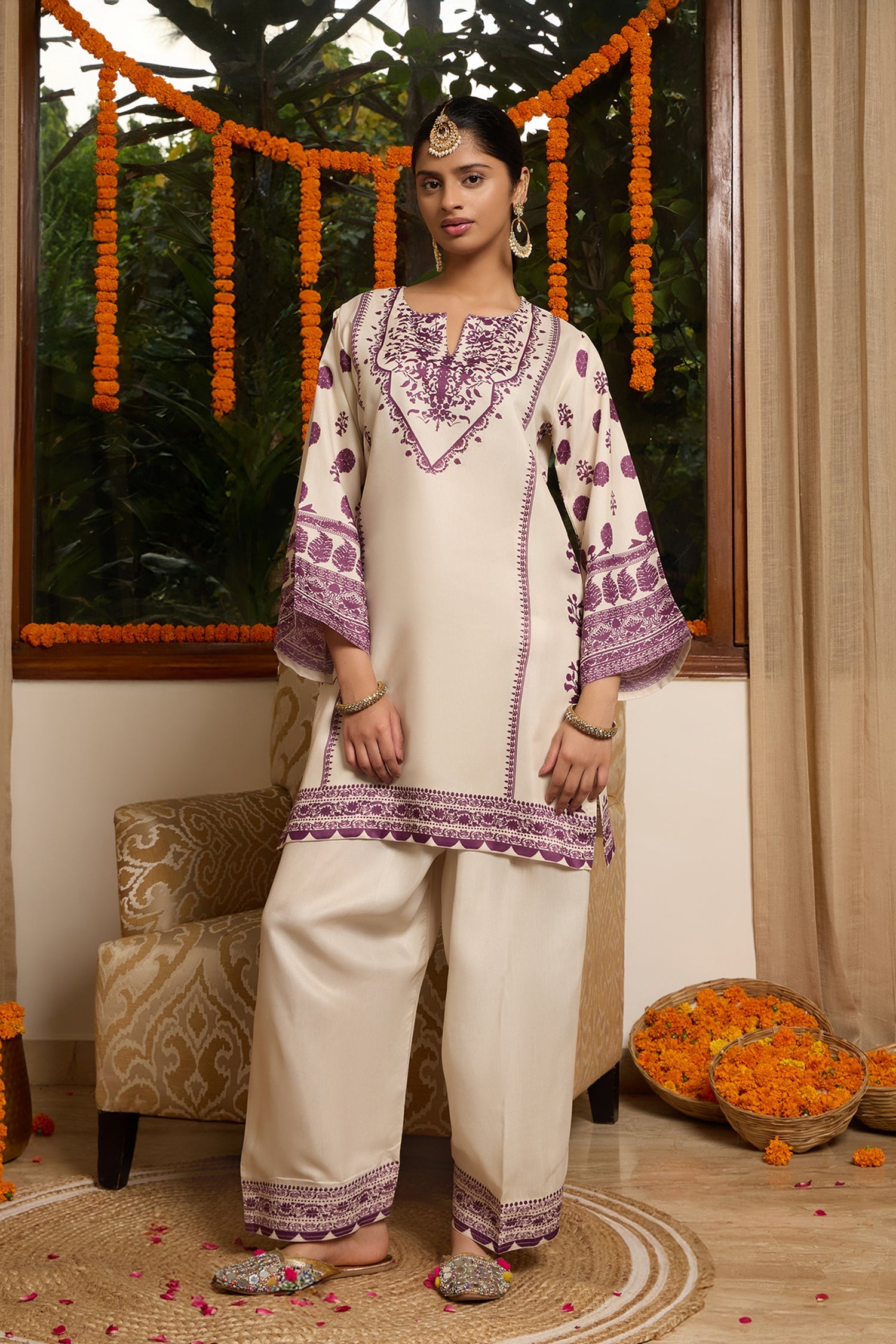 Lawn Cotton Shimmer Printed Cord Set with Farsi Bottom - Ivory