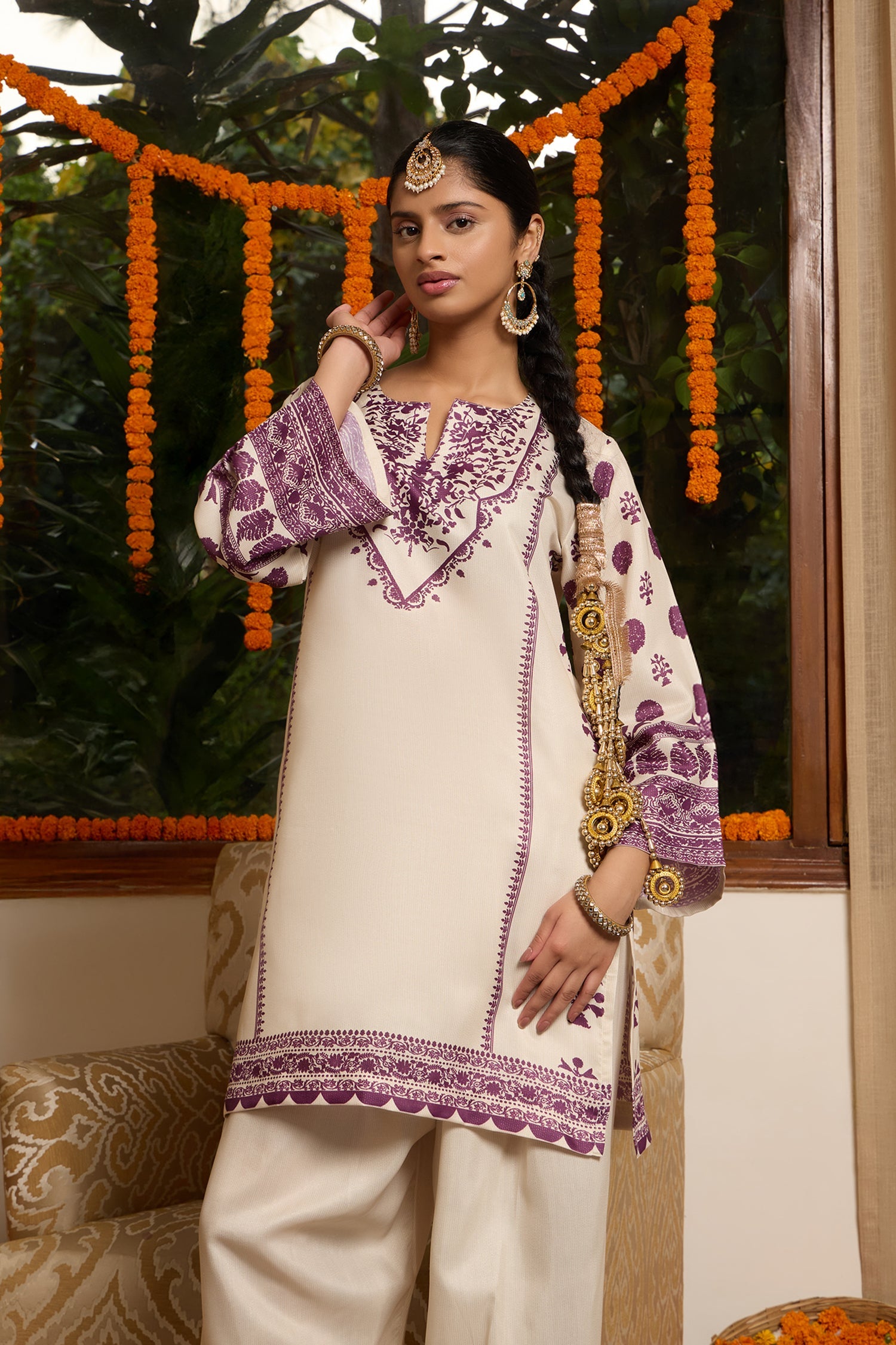 Lawn Cotton Shimmer Printed Cord Set with Farsi Bottom - Ivory