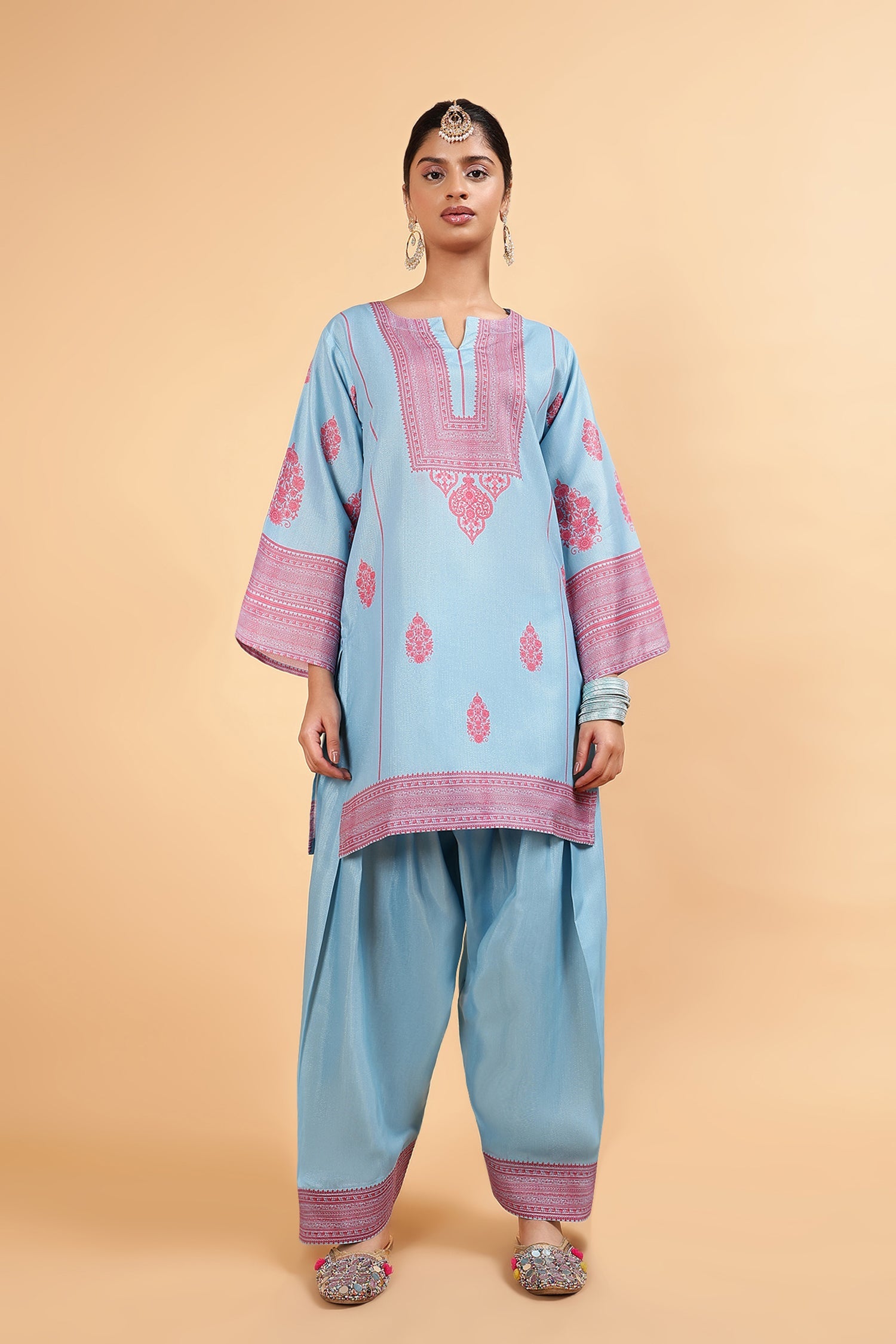 Lawn Cotton Shimmer Printed Cord Set  with Magenta Motif Print & Farsi Bottom - Sky Blue