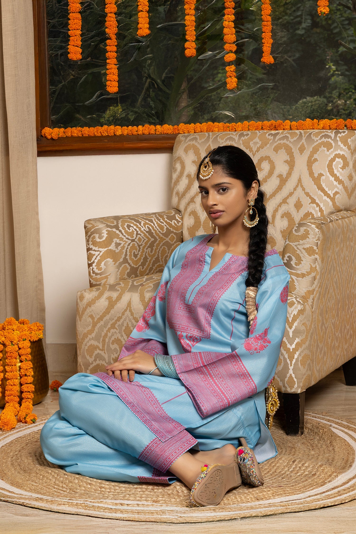 Lawn Cotton Shimmer Printed Cord Set  with Magenta Motif Print & Farsi Bottom - Sky Blue