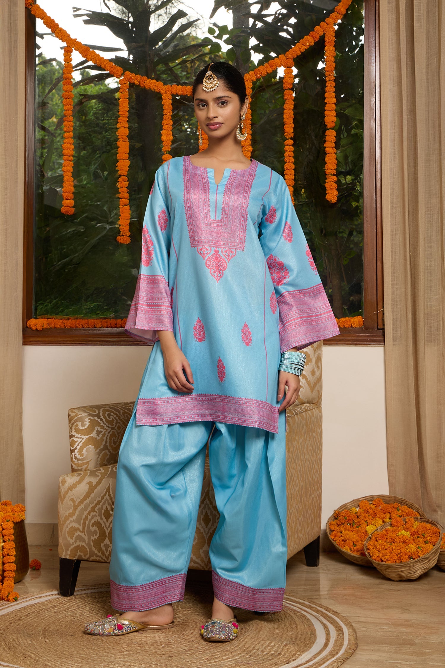 Lawn Cotton Shimmer Printed Cord Set  with Magenta Motif Print & Farsi Bottom - Sky Blue