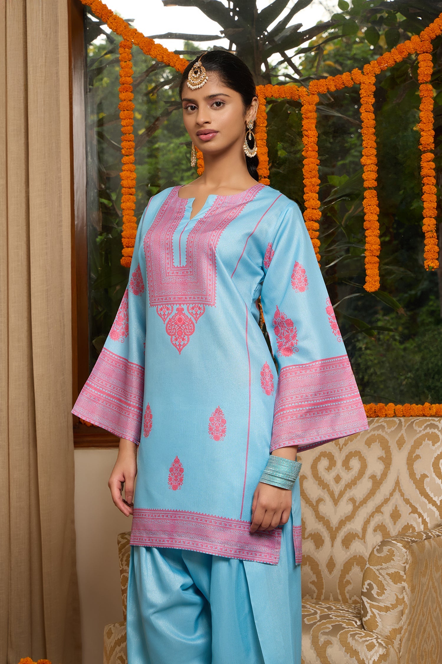 Lawn Cotton Shimmer Printed Cord Set  with Magenta Motif Print & Farsi Bottom - Sky Blue