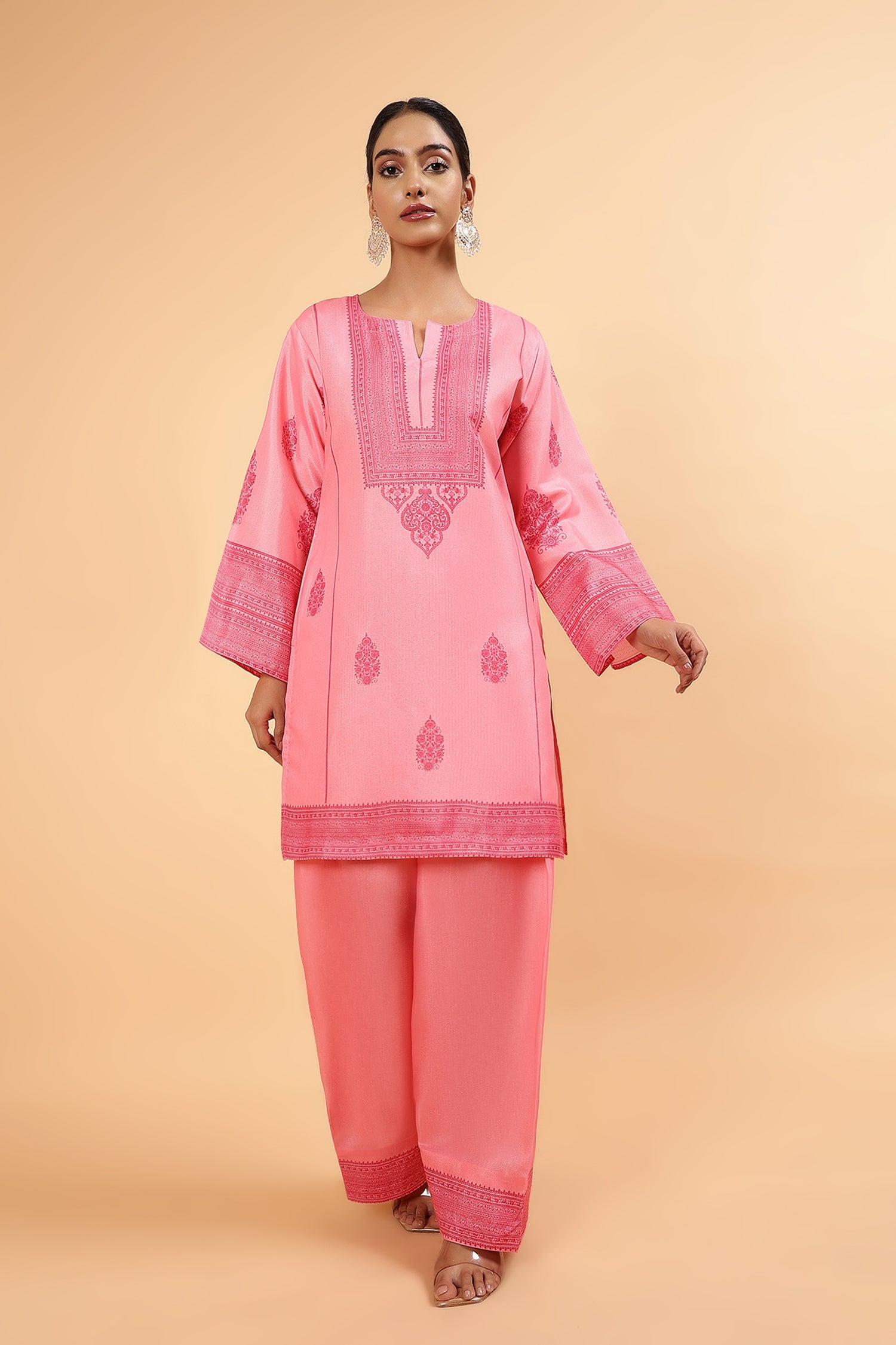 Shivani in Lawn Cotton Shimmer Printed Cord Set with Tonal Motif Print & Farsi Bottom - Peach