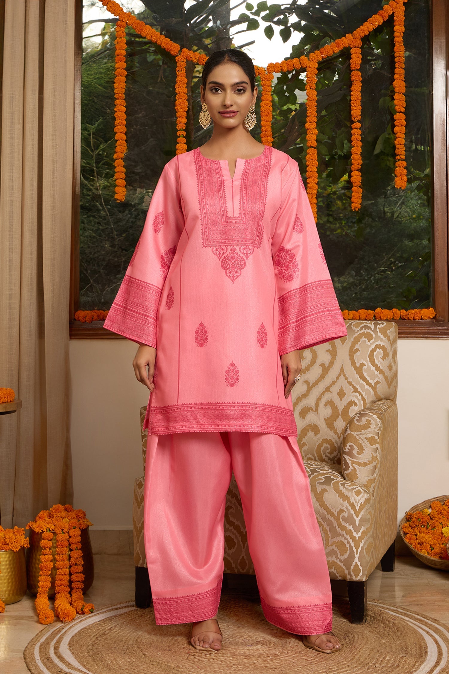 Lawn Cotton Shimmer Printed Cord Set with Tonal Motif Print & Farsi Bottom - Peach