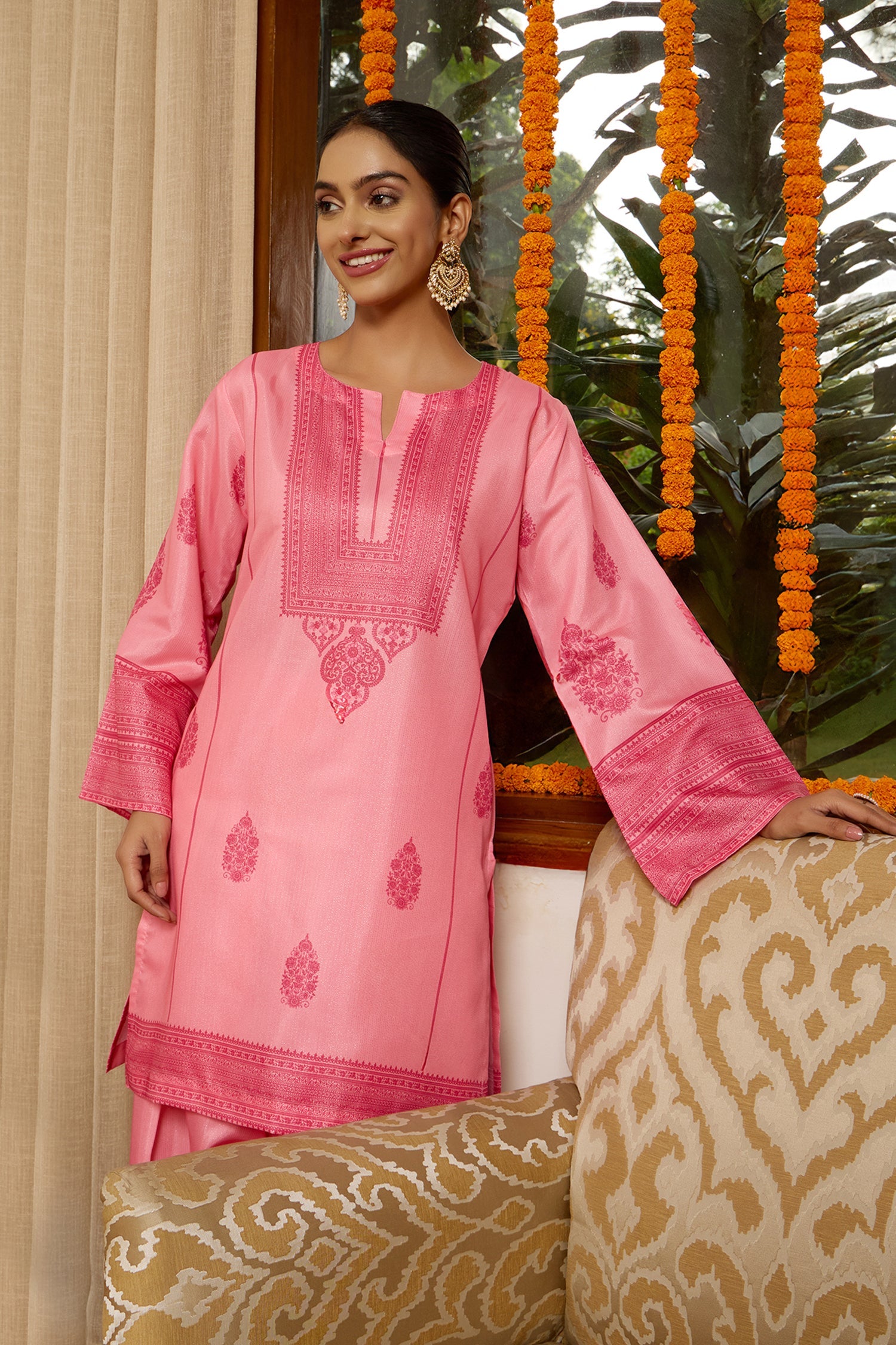 Lawn Cotton Shimmer Printed Cord Set with Tonal Motif Print & Farsi Bottom - Peach