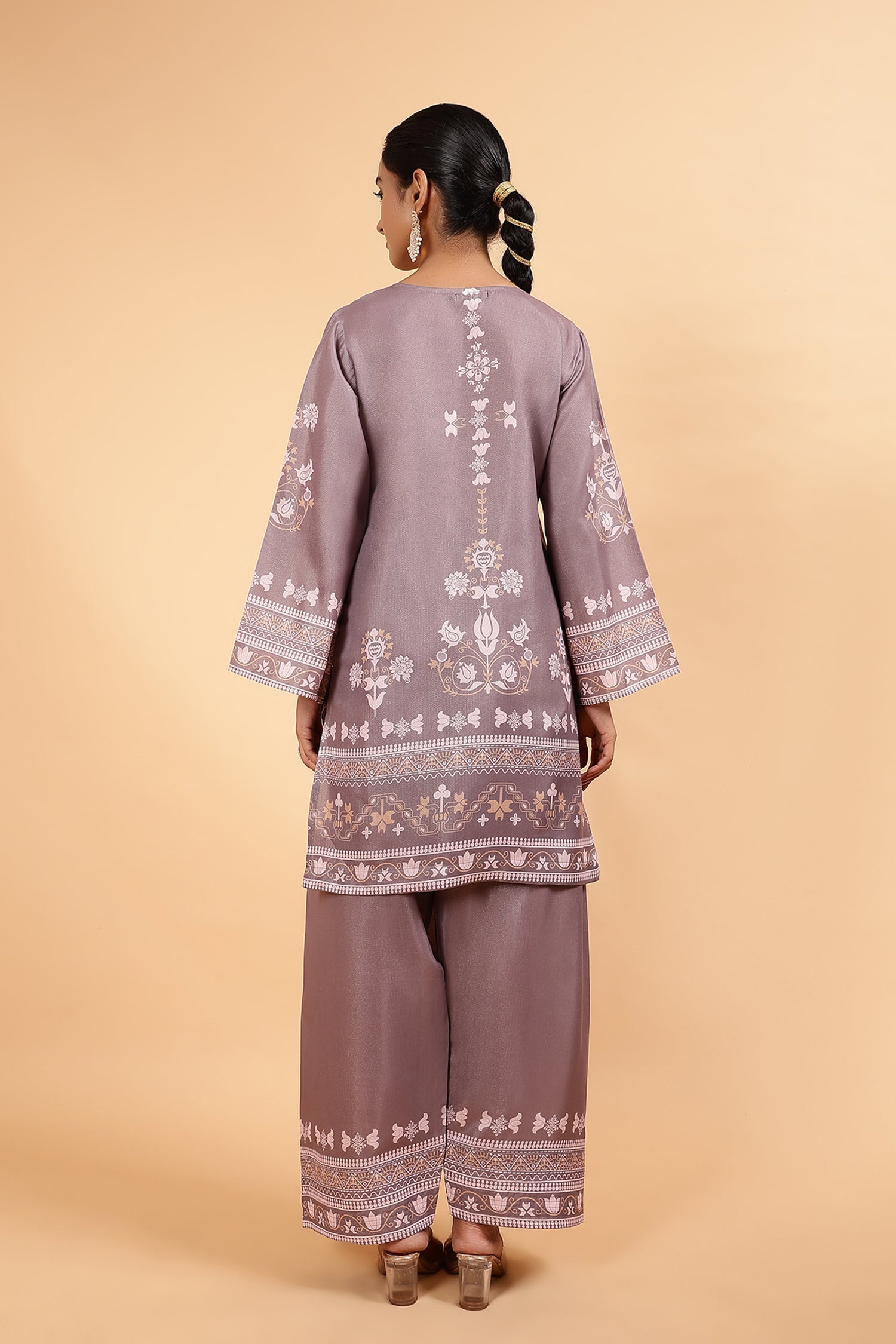 Lawn Cotton Shimmer Printed Cord Set with Beige Ethnic Print & Farsi Bottom - Brown