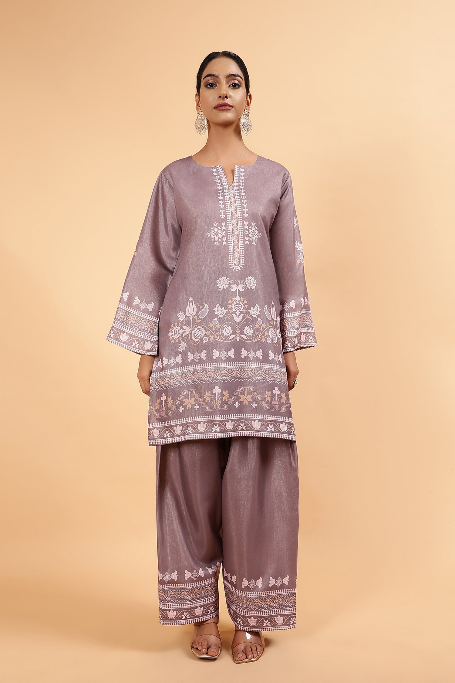 Lawn Cotton Shimmer Printed Cord Set with Beige Ethnic Print & Farsi Bottom - Brown