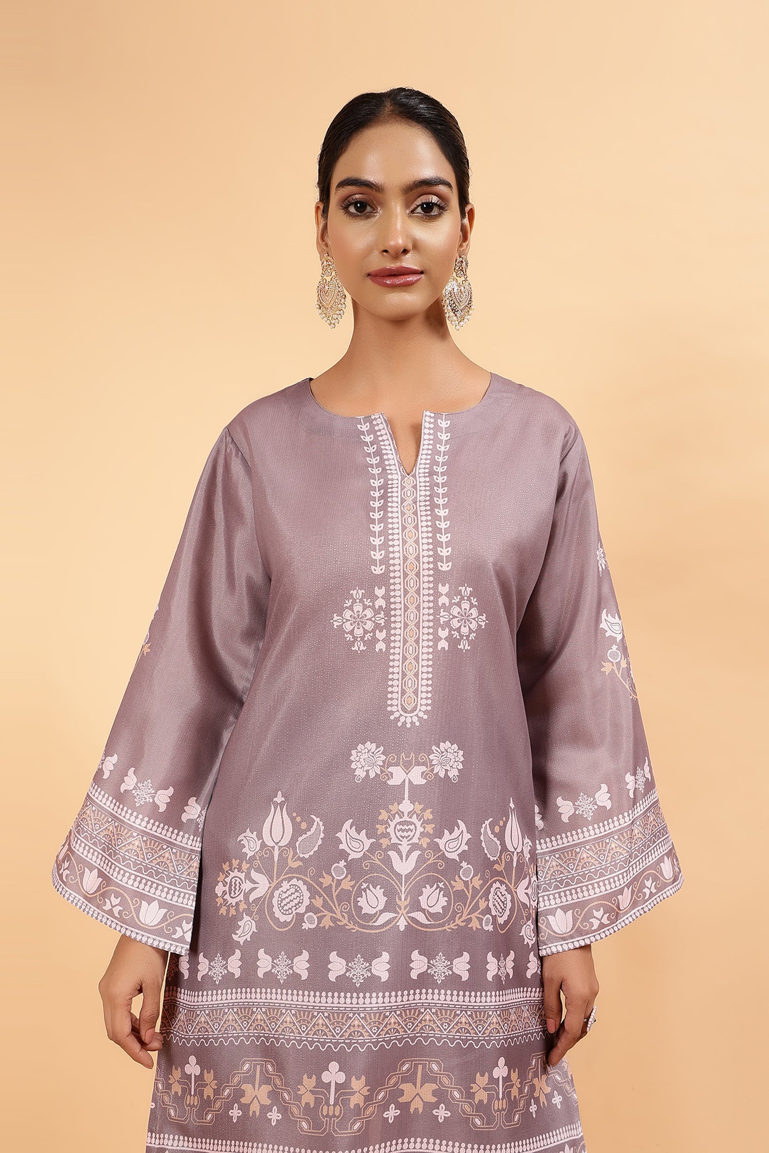 Lawn Cotton Shimmer Printed Cord Set with Beige Ethnic Print & Farsi Bottom - Brown