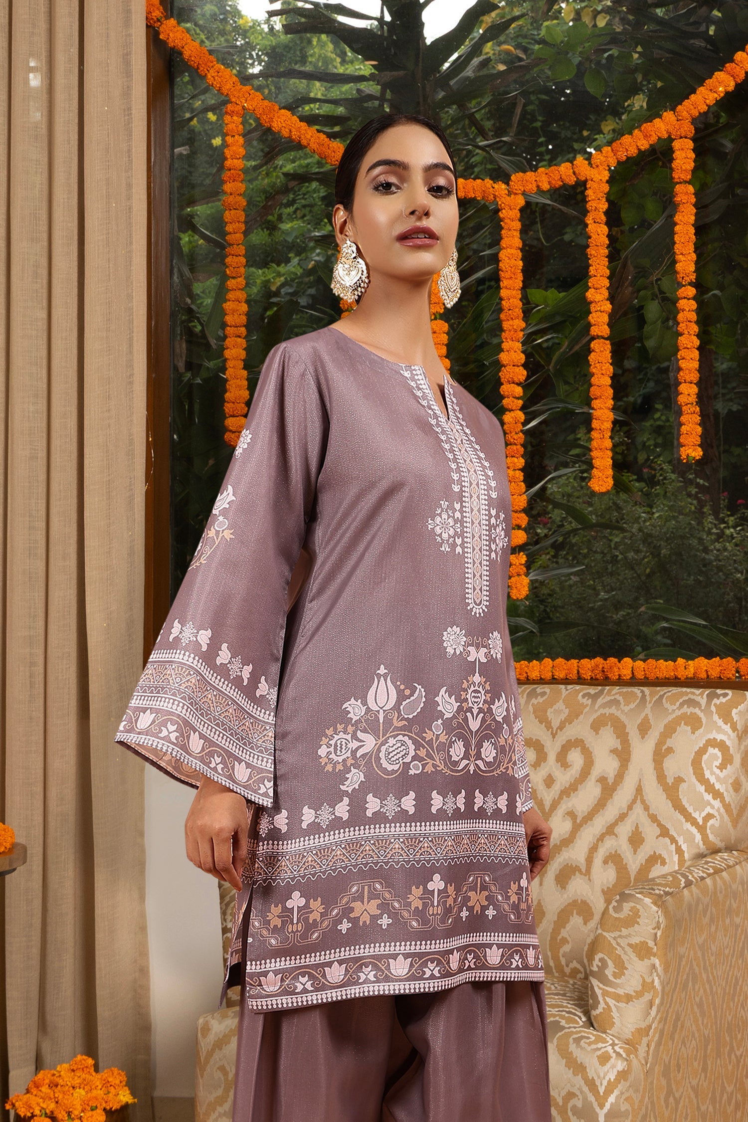 Lawn Cotton Shimmer Printed Cord Set with Beige Ethnic Print & Farsi Bottom - Brown