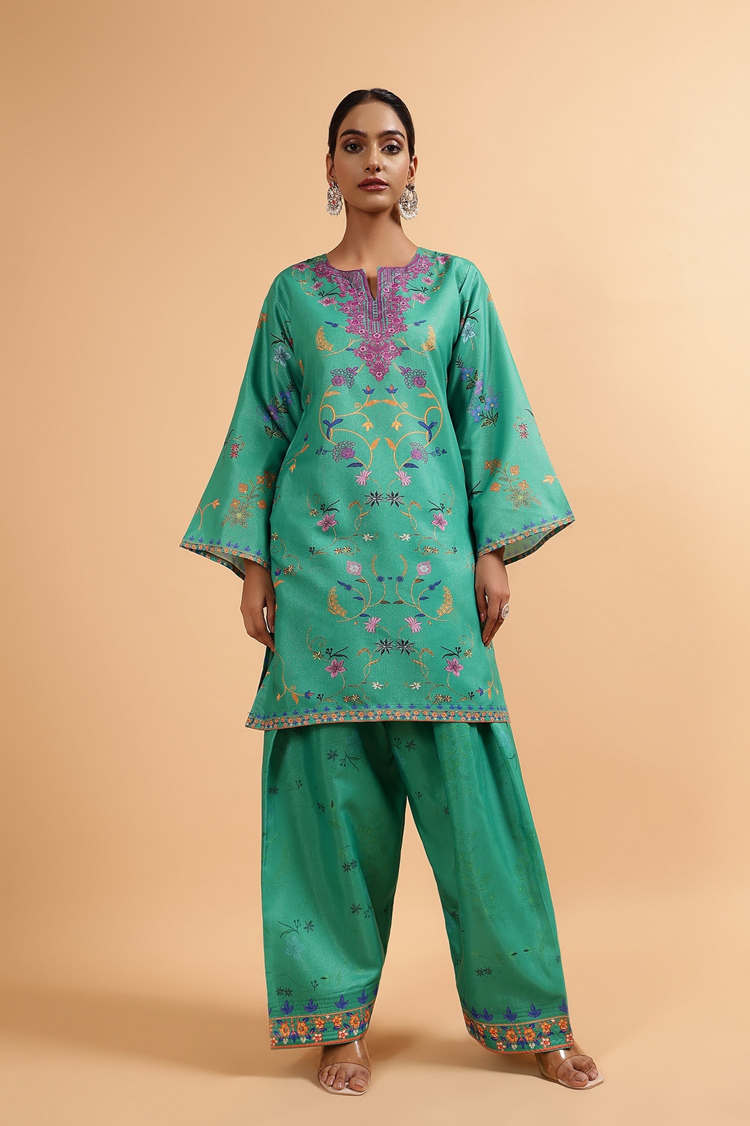 Lawn Cotton Shimmer Printed Cord Set with Multicolor Print & Farsi Bottom - Emerald Green