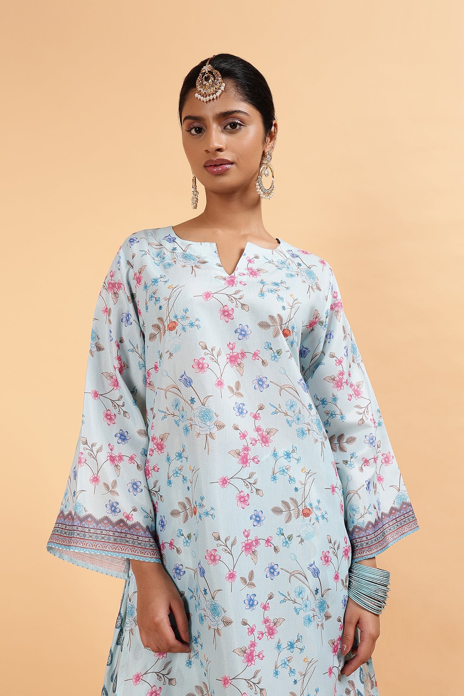 Lawn Cotton Shimmer Printed Cord Set with Floral & Geometric Print - Powder Blue