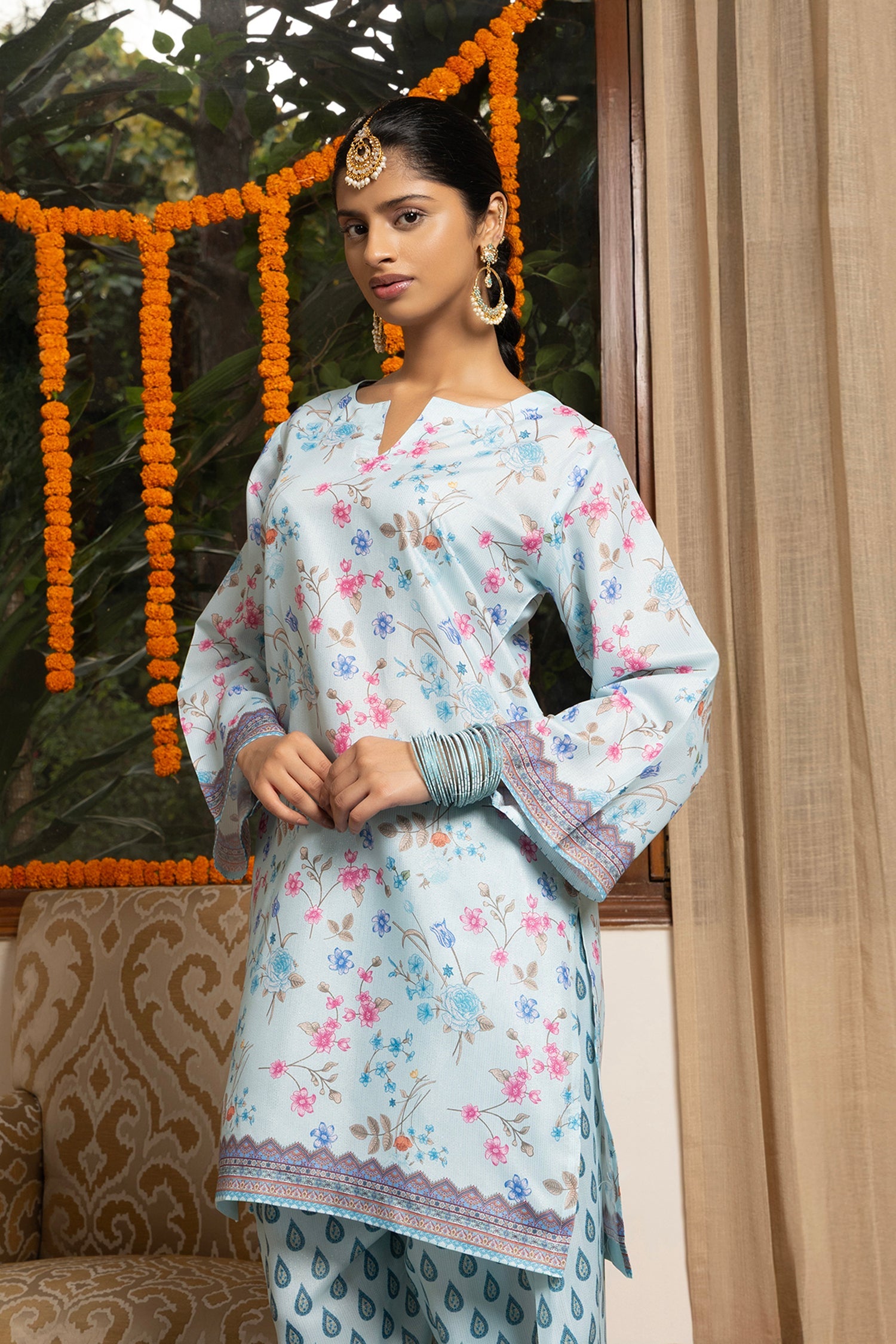 Lawn Cotton Shimmer Printed Cord Set with Floral & Geometric Print - Powder Blue