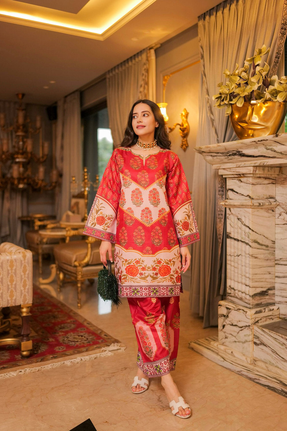 Komal X HOK Lawn Cotton Shimmer Printed Cord Set with Traditional Buta Print - Rust & Cream