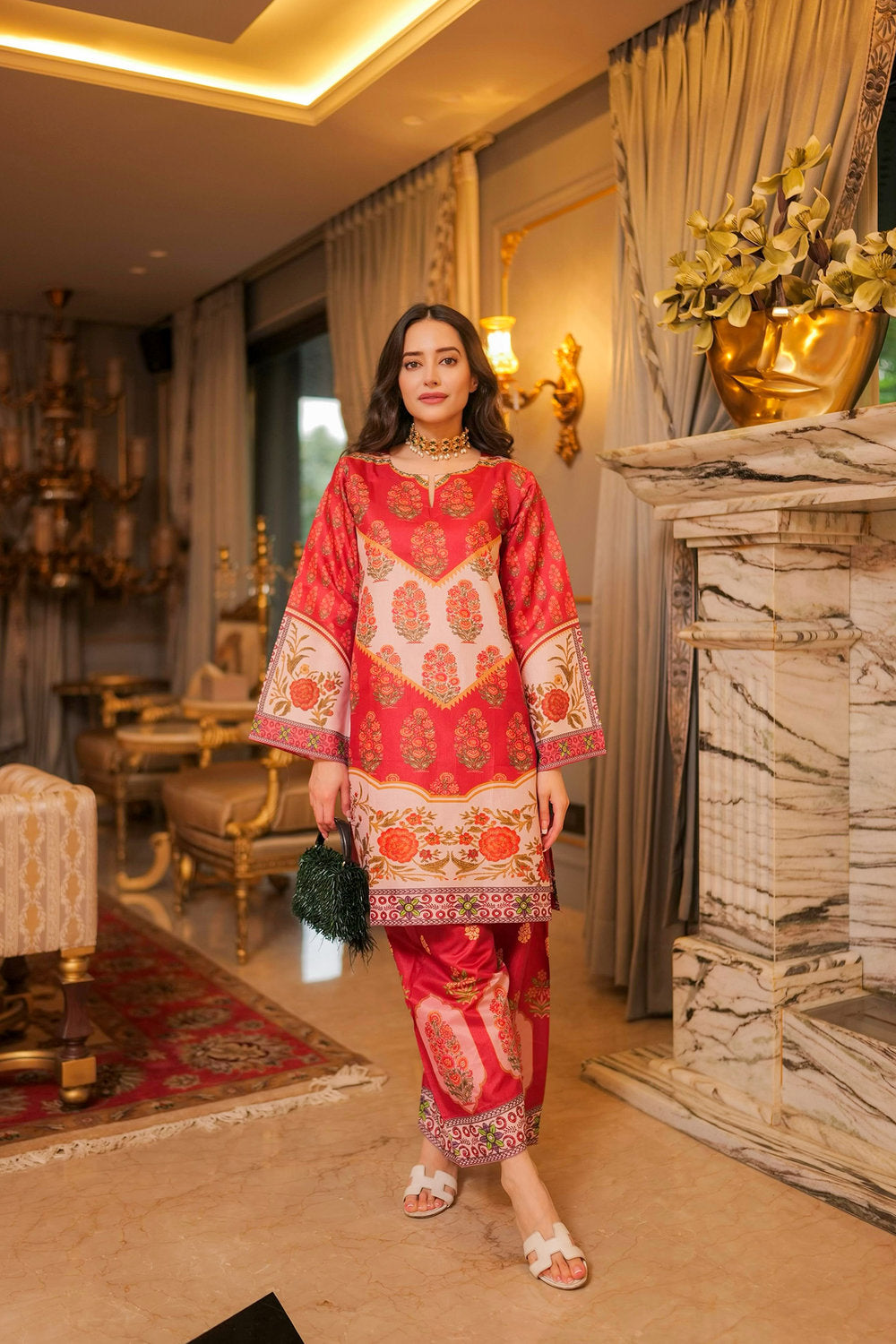 Komal X HOK Lawn Cotton Shimmer Printed Cord Set with Traditional Buta Print - Rust & Cream