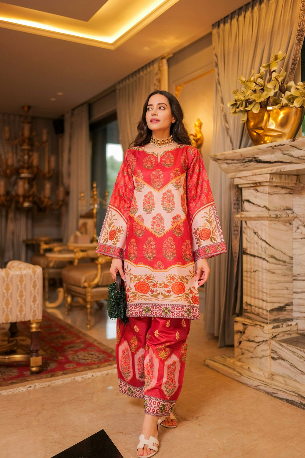 Komal X HOK Lawn Cotton Shimmer Printed Cord Set with Traditional Buta Print - Rust & Cream