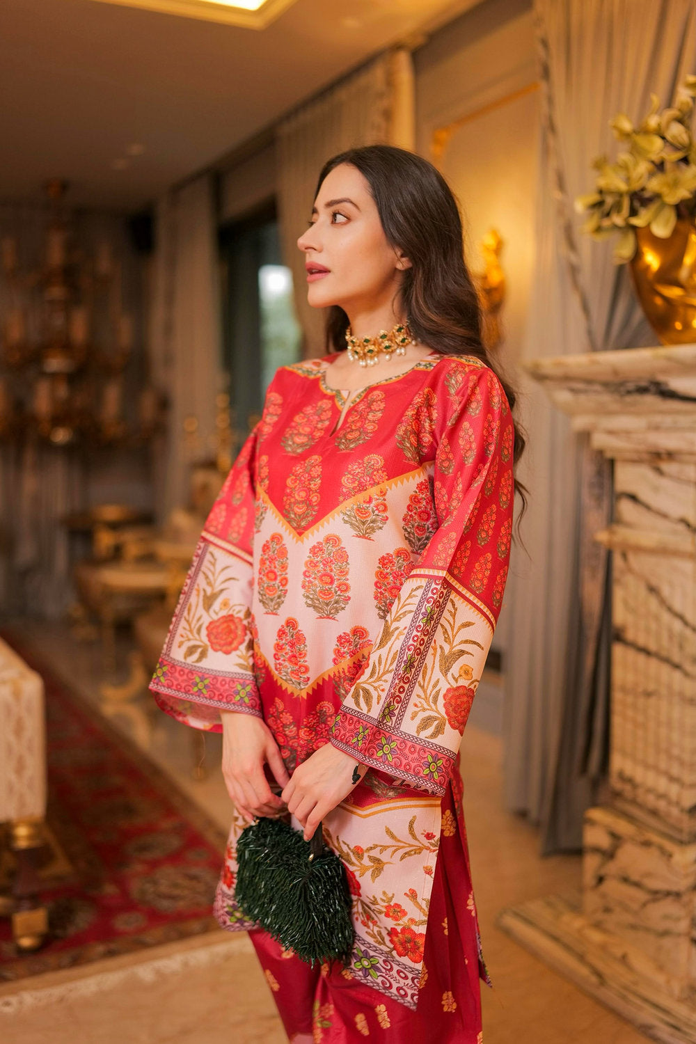 Komal X HOK Lawn Cotton Shimmer Printed Cord Set with Traditional Buta Print - Rust & Cream