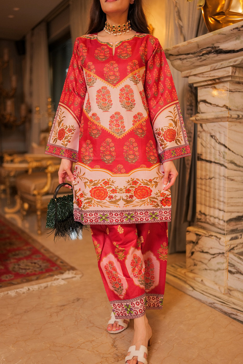 Komal X HOK Lawn Cotton Shimmer Printed Cord Set with Traditional Buta Print - Rust & Cream