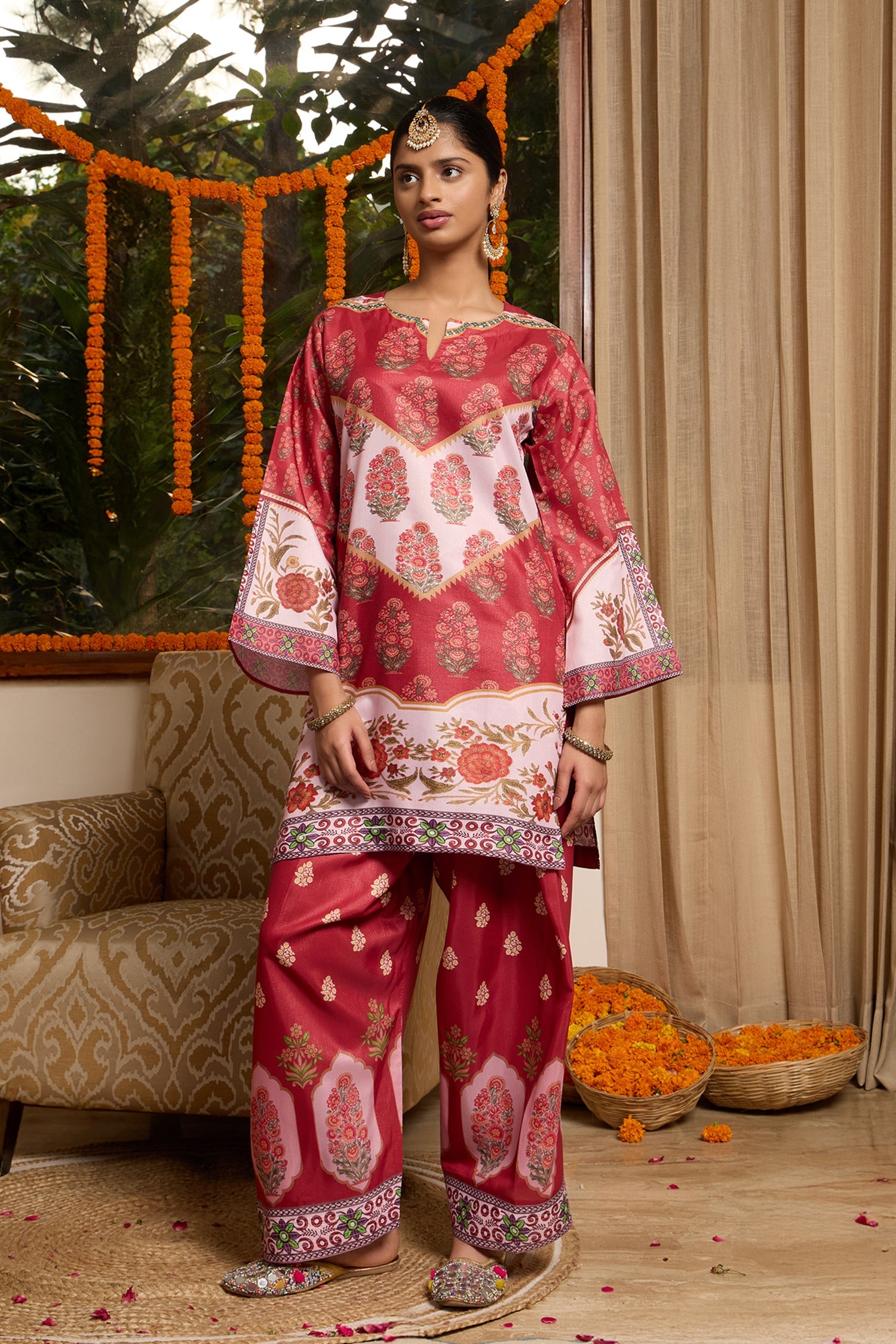 Lawn Cotton Shimmer Printed Cord Set with Traditional Buta Print - Rust & Cream