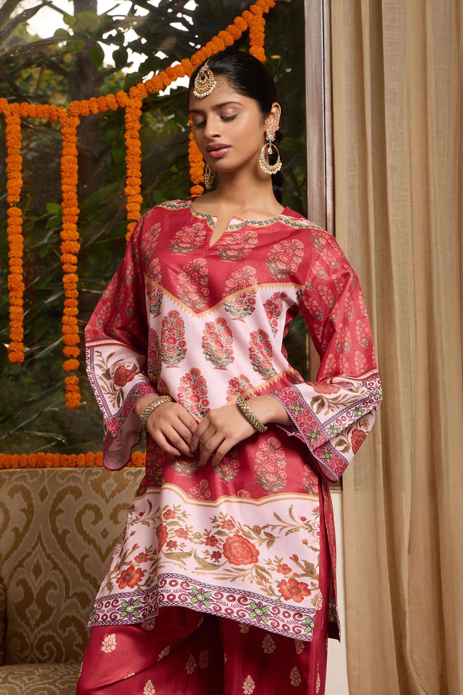 Lawn Cotton Shimmer Printed Cord Set with Traditional Buta Print - Rust & Cream