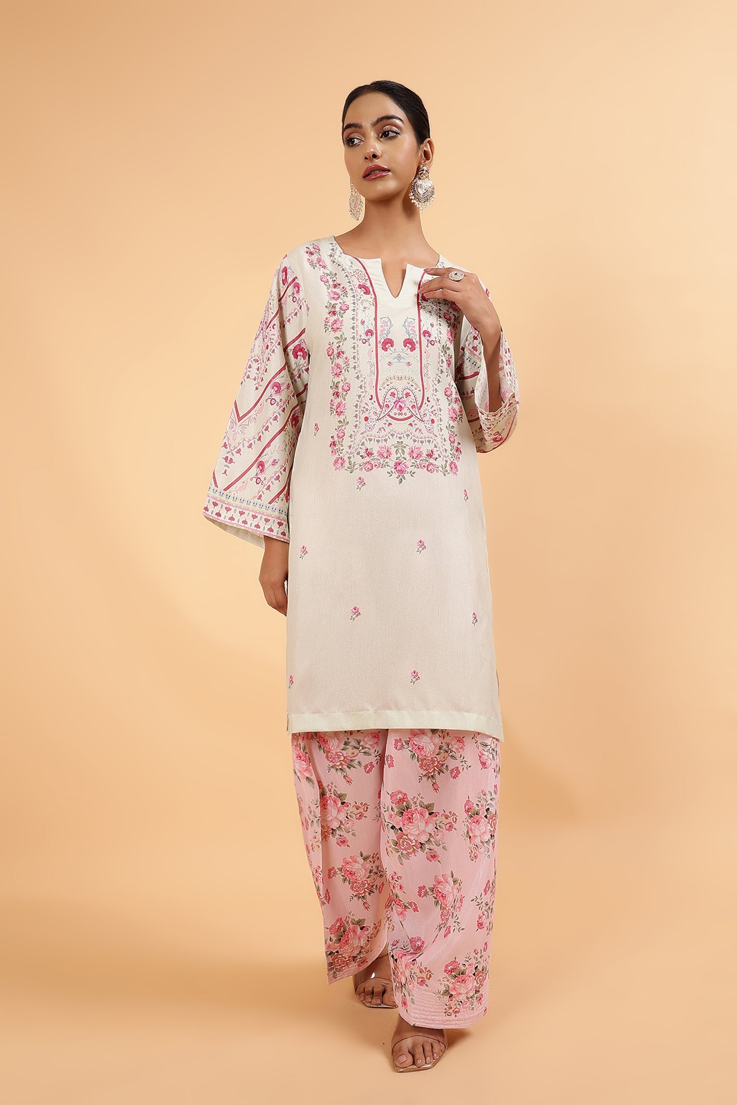 Lawn Cotton Shimmer Printed Cord Set with Pink Floral Print & Farsi Bottom - Pastel Cream