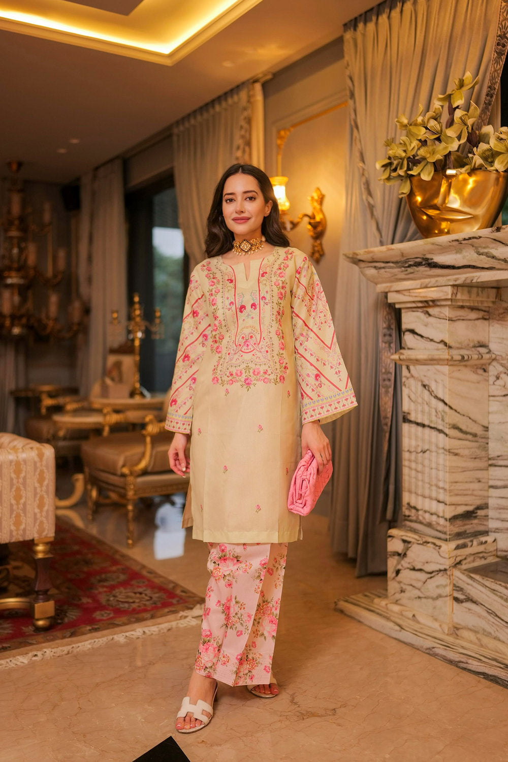 Komal X HOK Lawn Cotton Shimmer Printed Cord Set with Pink Floral Print & Farsi Bottom - Pastel Cream