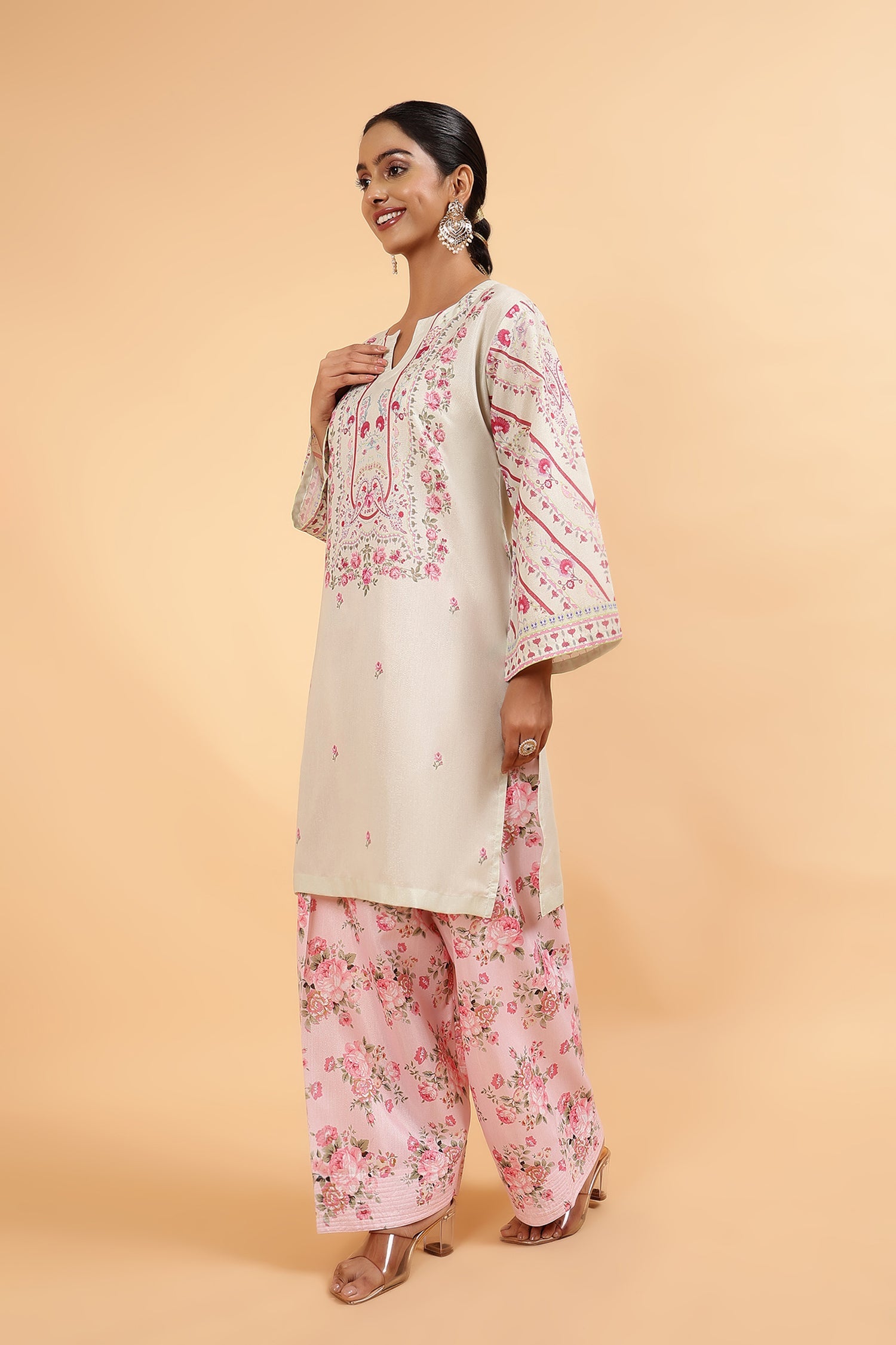 Lawn Cotton Shimmer Printed Cord Set with Pink Floral Print & Farsi Bottom - Pastel Cream