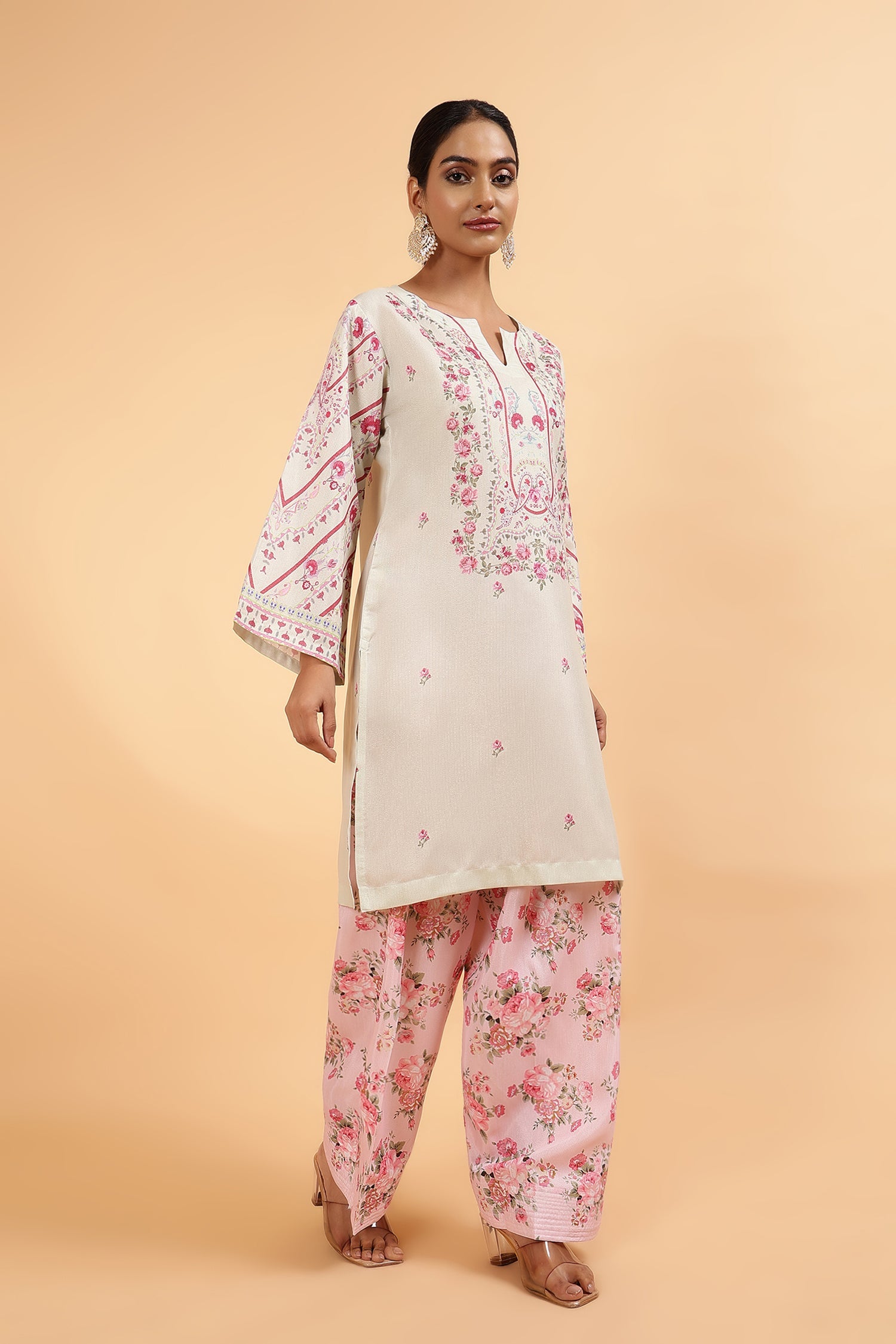 Lawn Cotton Shimmer Printed Cord Set with Pink Floral Print & Farsi Bottom - Pastel Cream