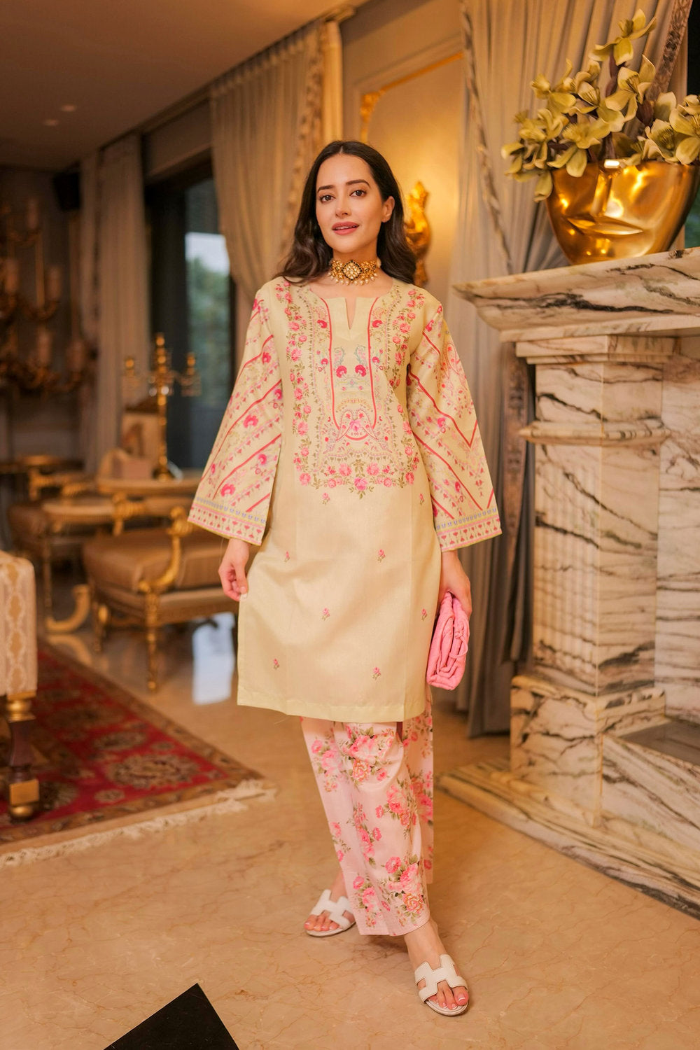 Komal X HOK Lawn Cotton Shimmer Printed Cord Set with Pink Floral Print & Farsi Bottom - Pastel Cream