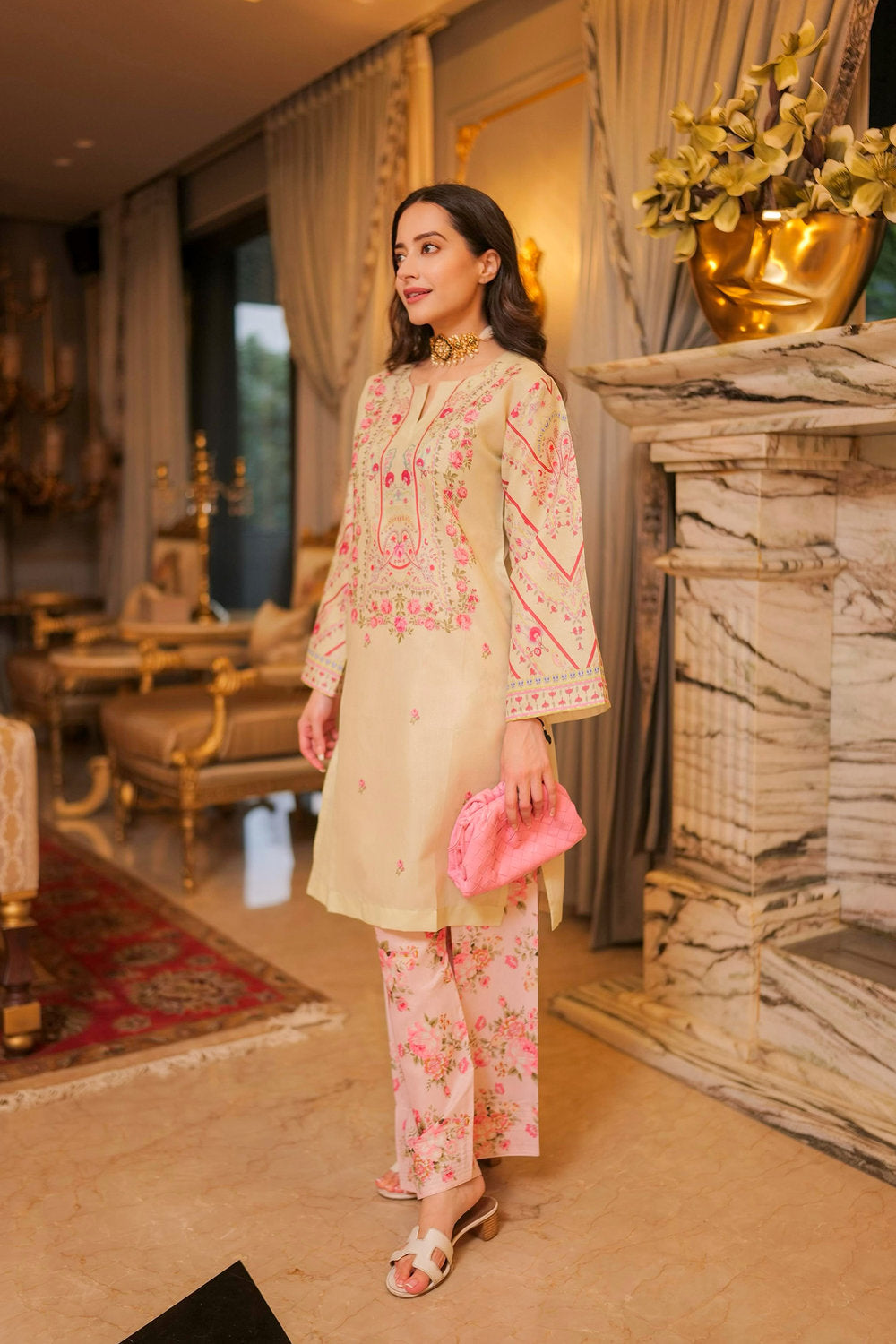 Komal X HOK Lawn Cotton Shimmer Printed Cord Set with Pink Floral Print & Farsi Bottom - Pastel Cream