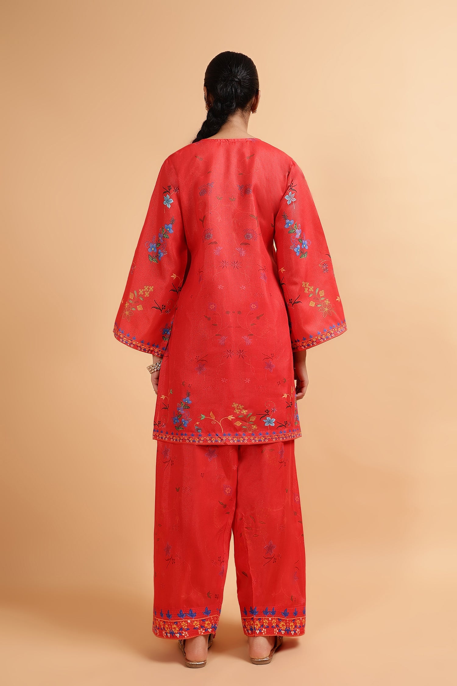 Lawn Cotton Shimmer Printed Cord Set with Multicolor Festive Motifs - Red