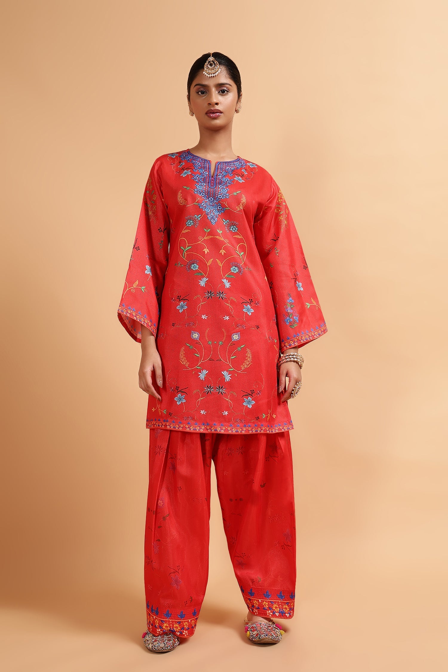 Lawn Cotton Shimmer Printed Cord Set with Multicolor Festive Motifs - Red