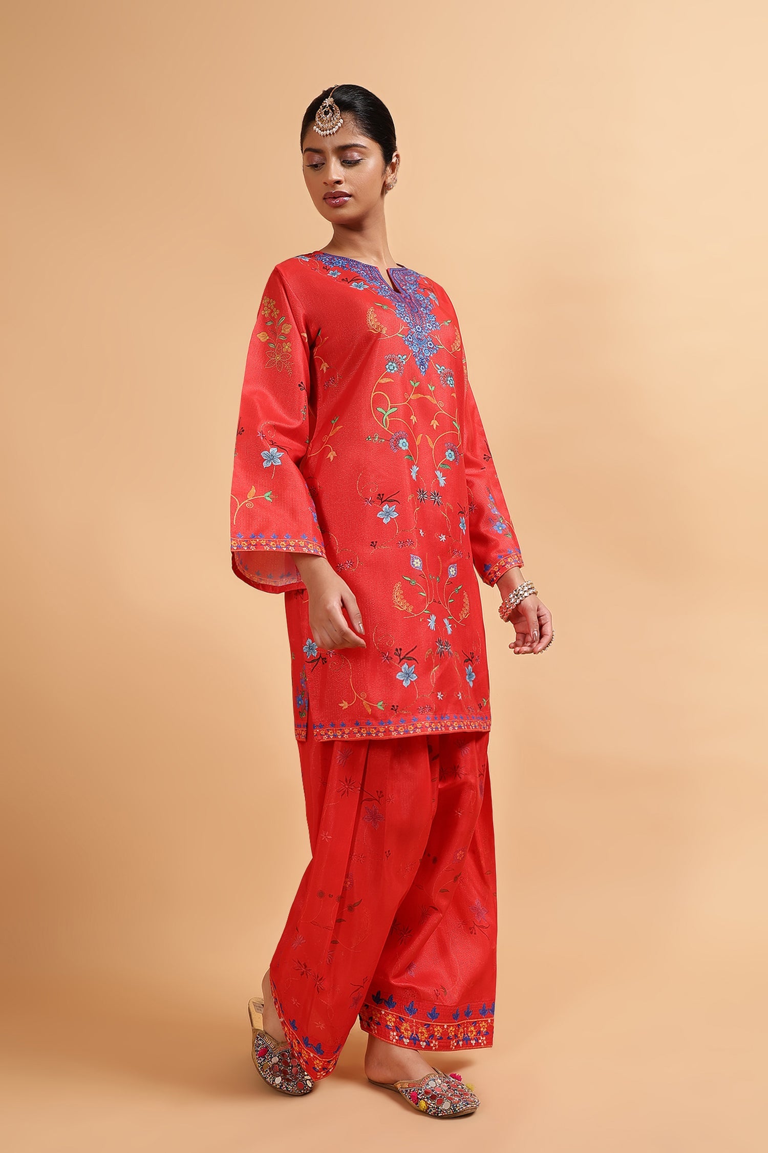 Lawn Cotton Shimmer Printed Cord Set with Multicolor Festive Motifs - Red