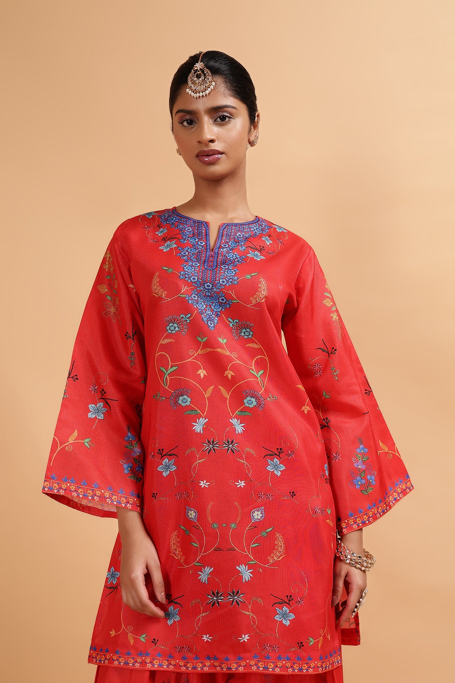 Lawn Cotton Shimmer Printed Cord Set with Multicolor Festive Motifs - Red