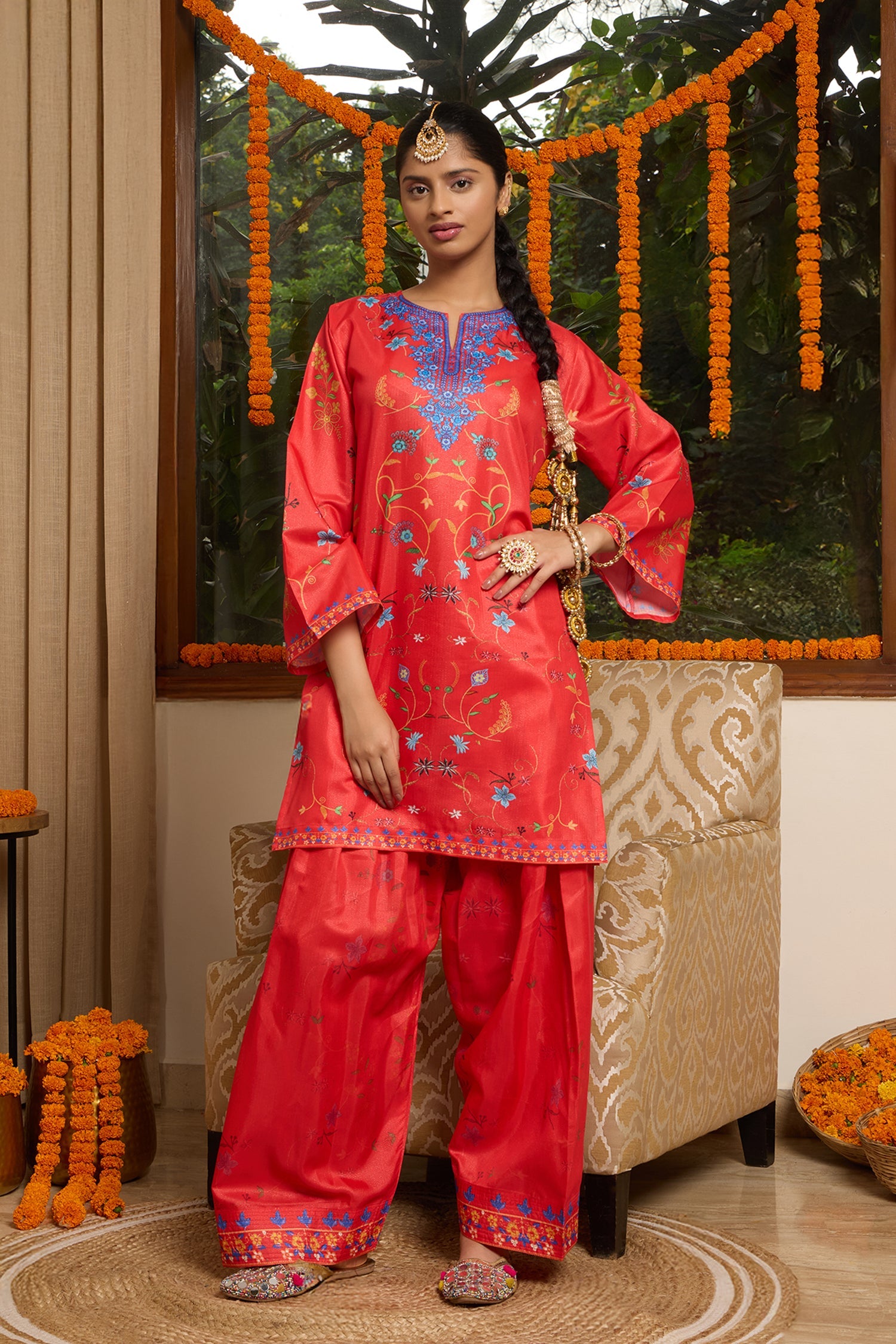 Lawn Cotton Shimmer Printed Cord Set with Multicolor Festive Motifs - Red