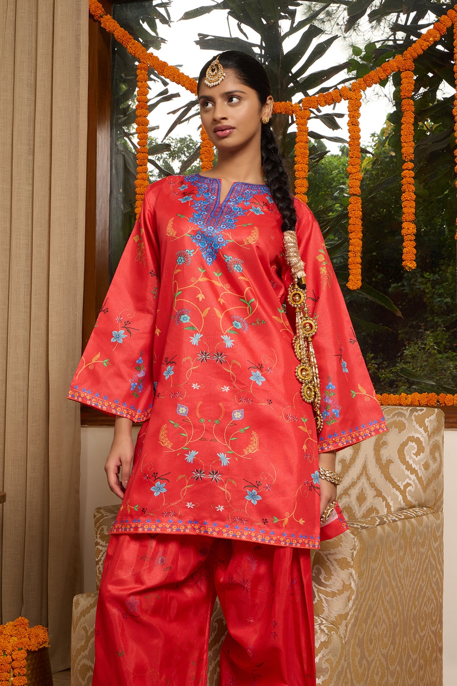 Lawn Cotton Shimmer Printed Cord Set with Multicolor Festive Motifs - Red