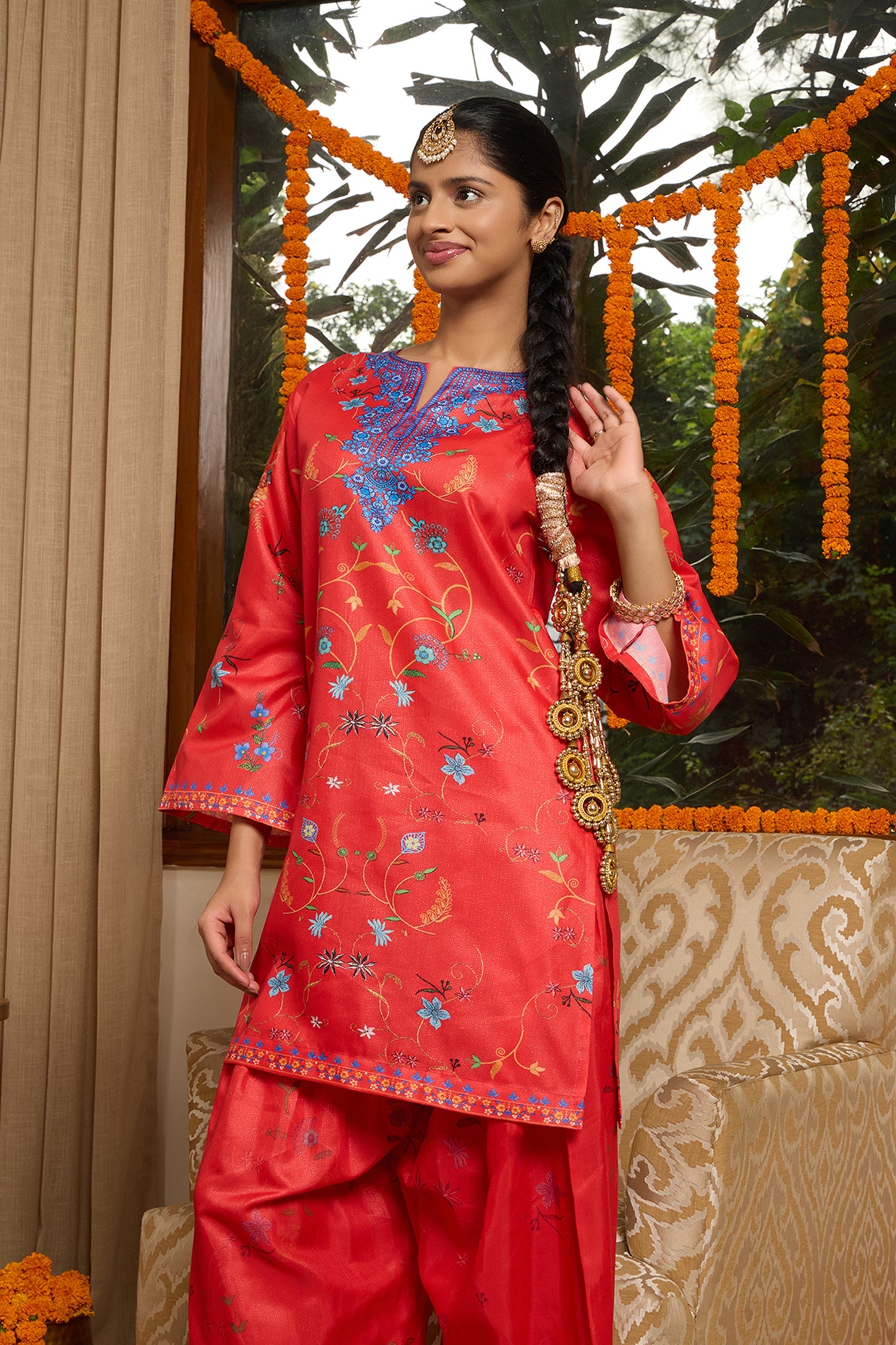 Lawn Cotton Shimmer Printed Cord Set with Multicolor Festive Motifs - Red