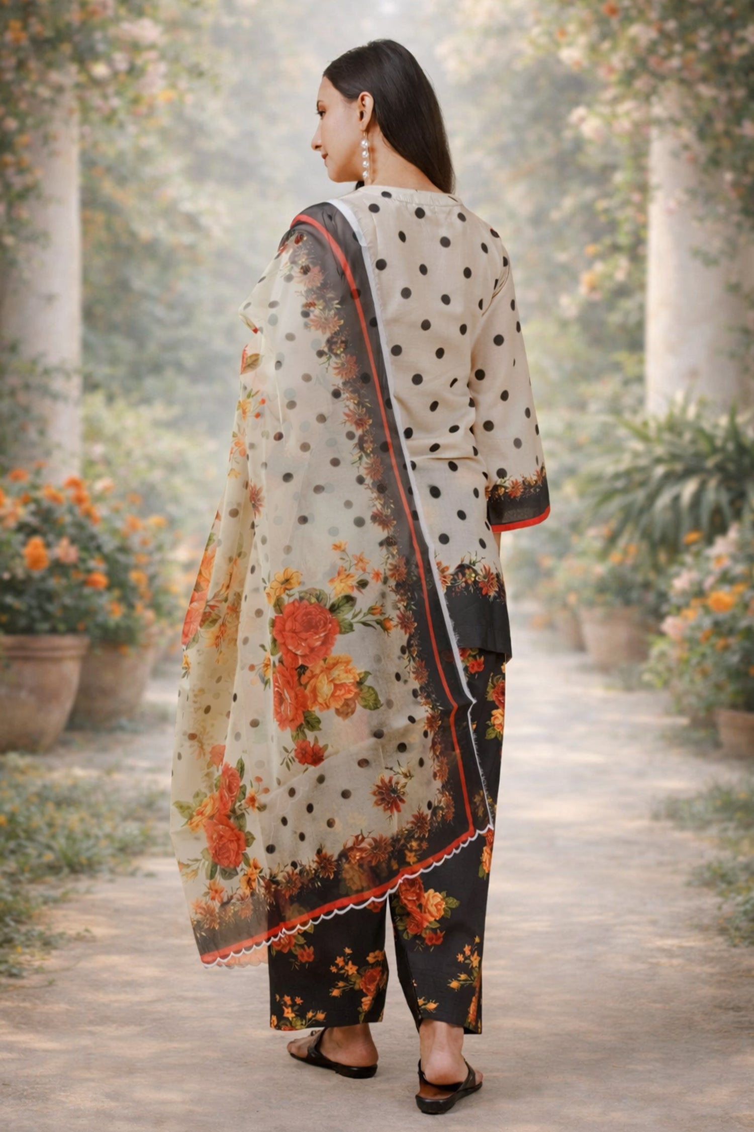 Ivory Polka Floral Printed Lawn Cotton Co-ord Set