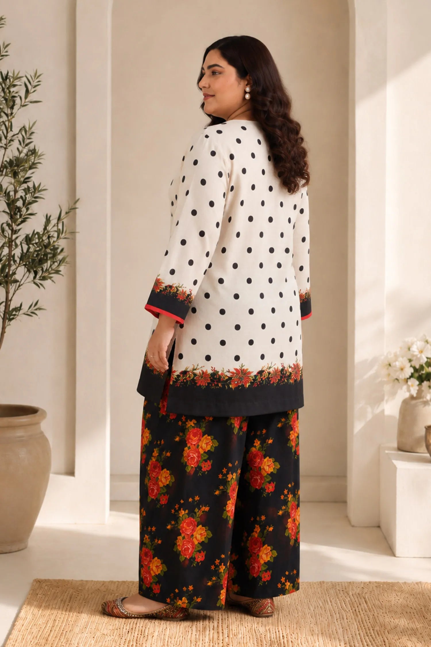 Plus Size - Ivory Polka Floral Printed Lawn Cotton Co-ord Set