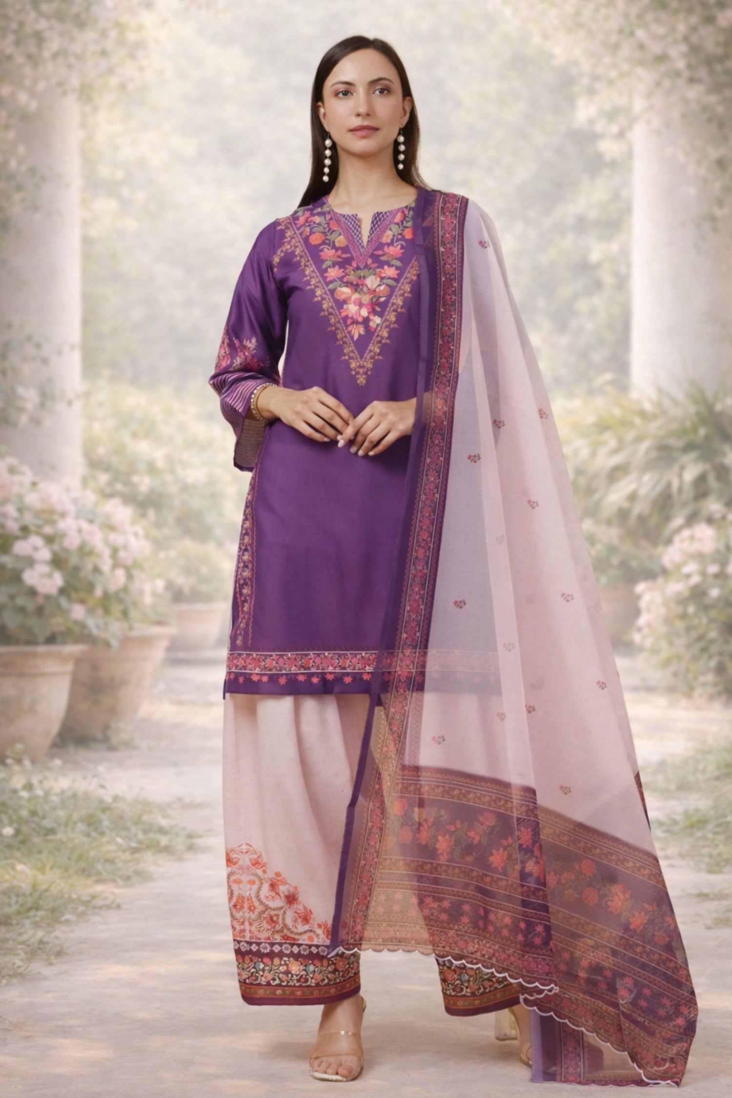 Printed Organza Dupatta - Purple