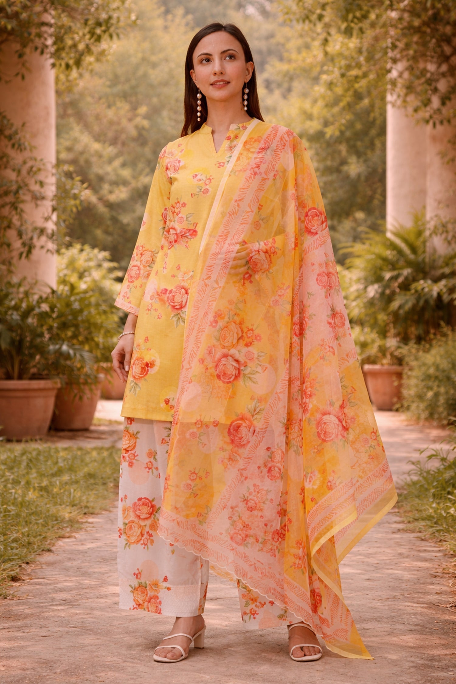 Printed Organza Dupatta - Yellow