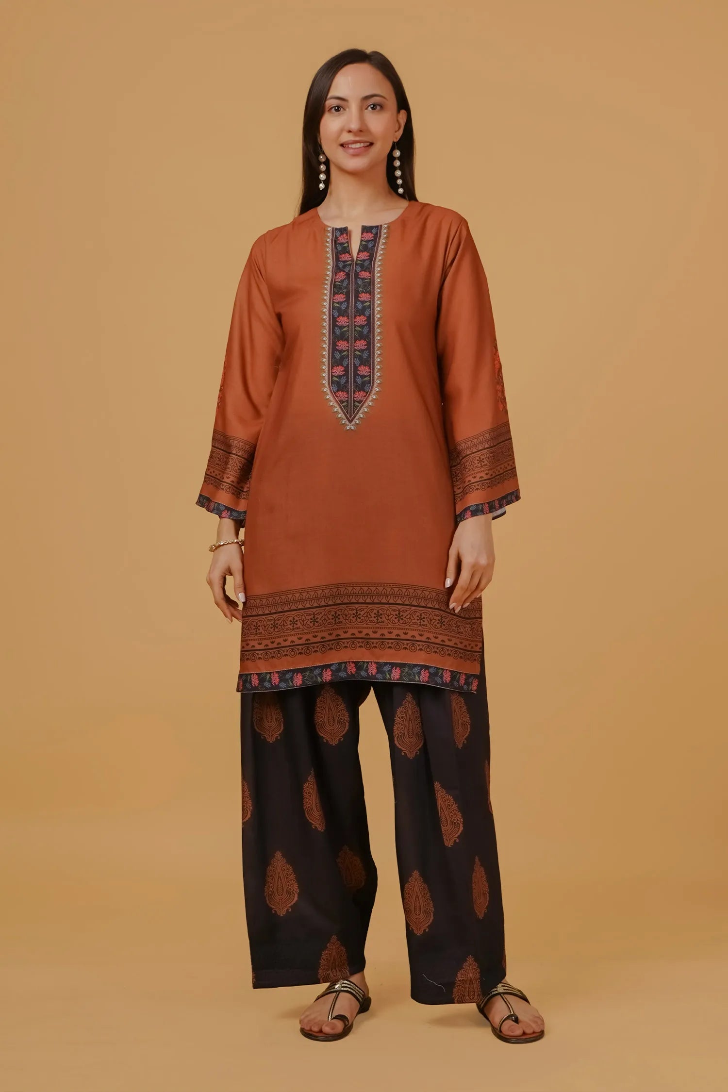 Plus Size - Cocoa Brown Printed  Lawn Cotton Co-ord Set