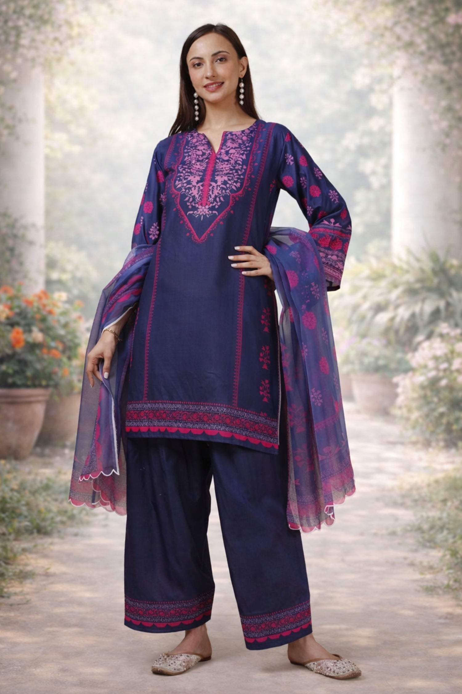 Printed Organza Dupatta - Navy & Pink