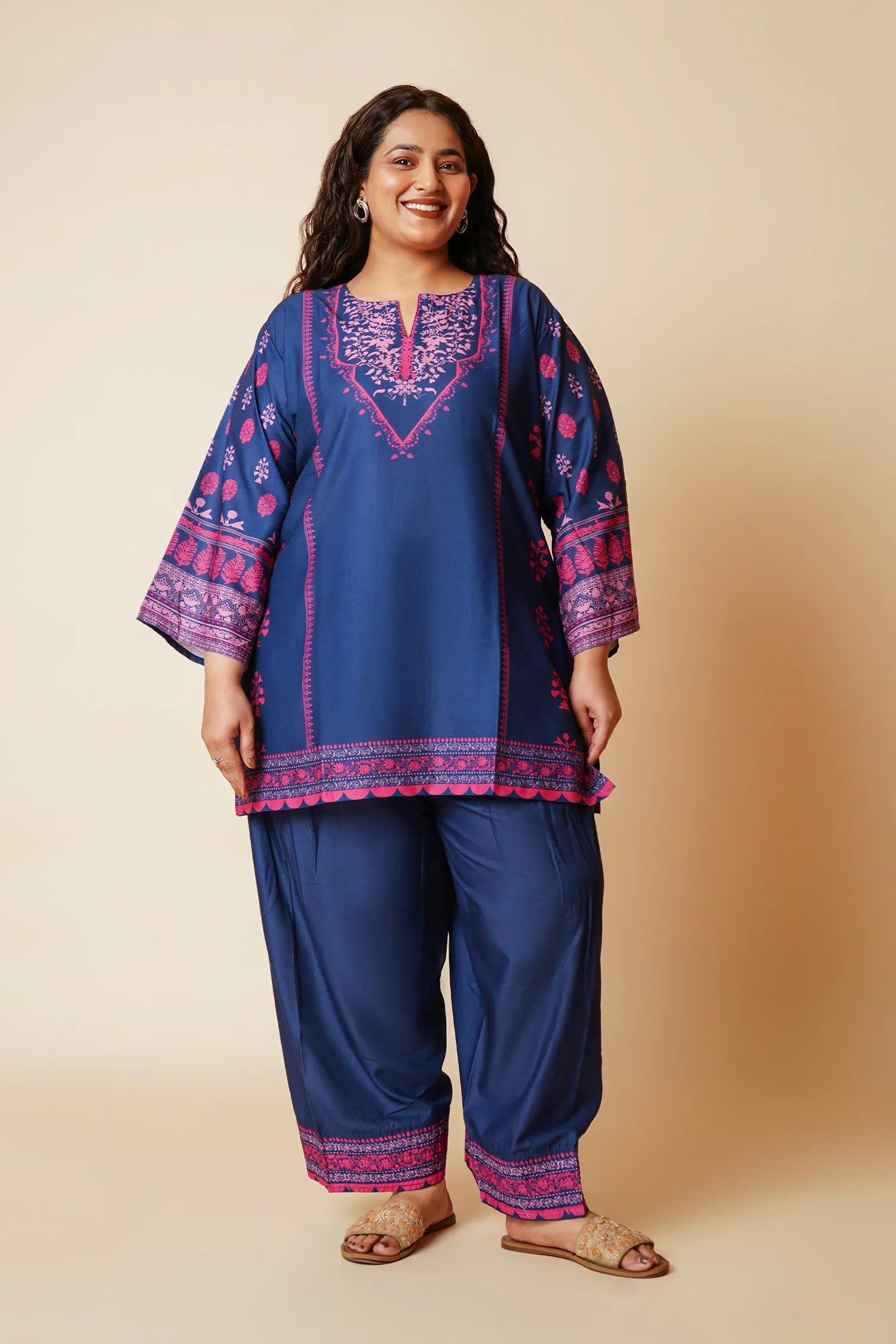 Plus Size - Navy & Pink Printed Lawn Cotton Co-ord Set