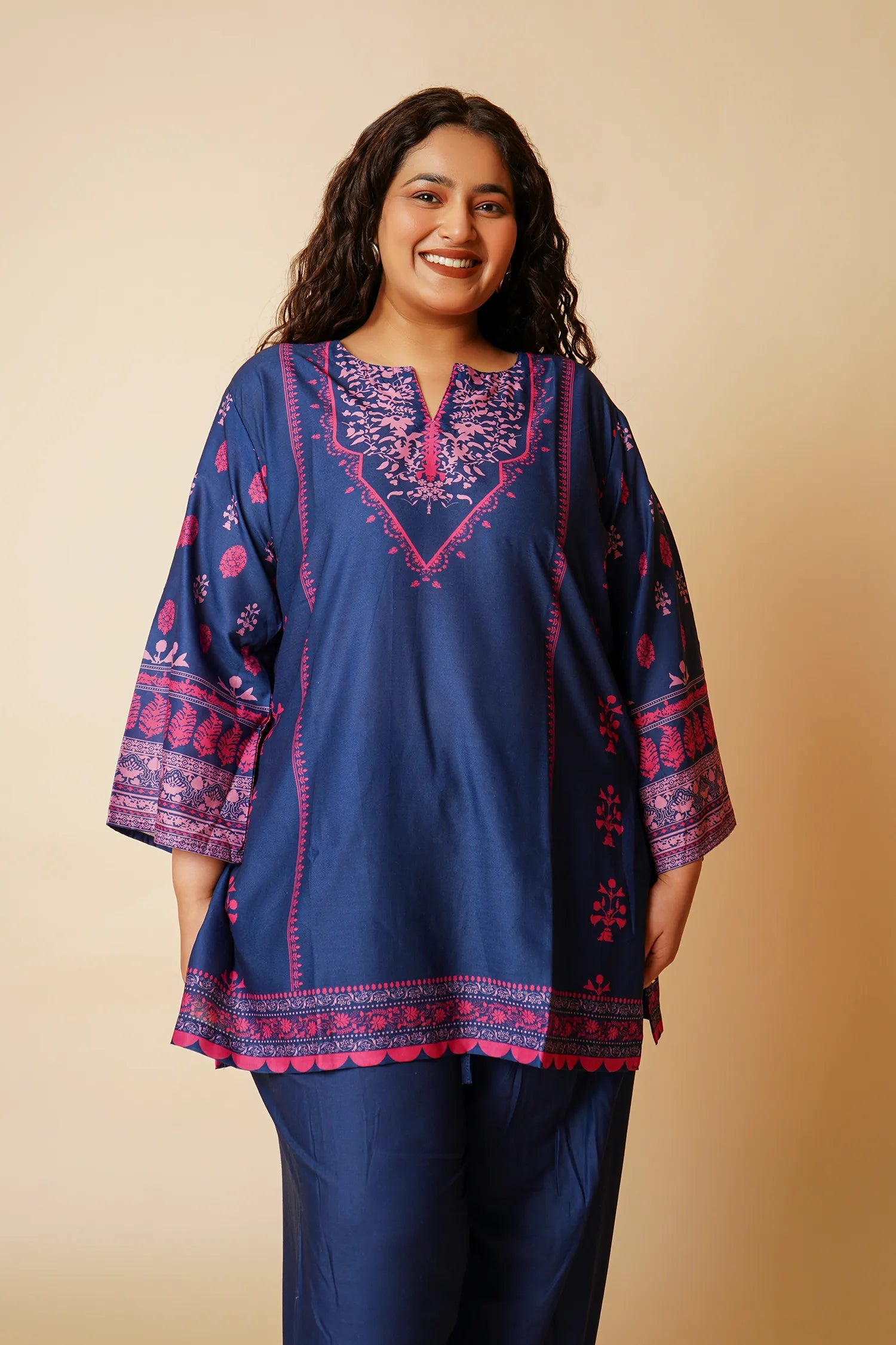 Plus Size - Navy & Pink Printed Lawn Cotton Co-ord Set