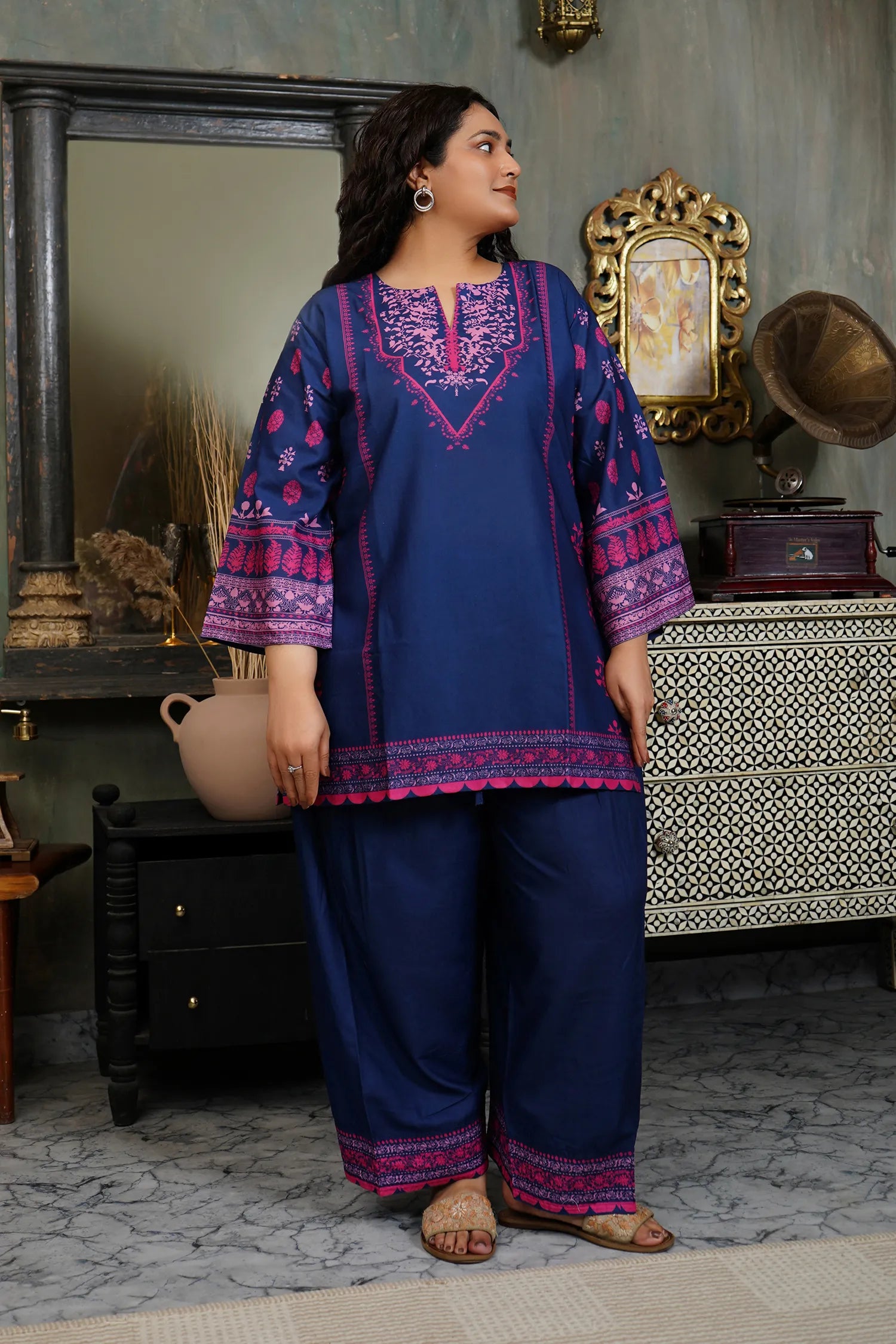 Plus Size - Navy & Pink Printed Lawn Cotton Co-ord Set
