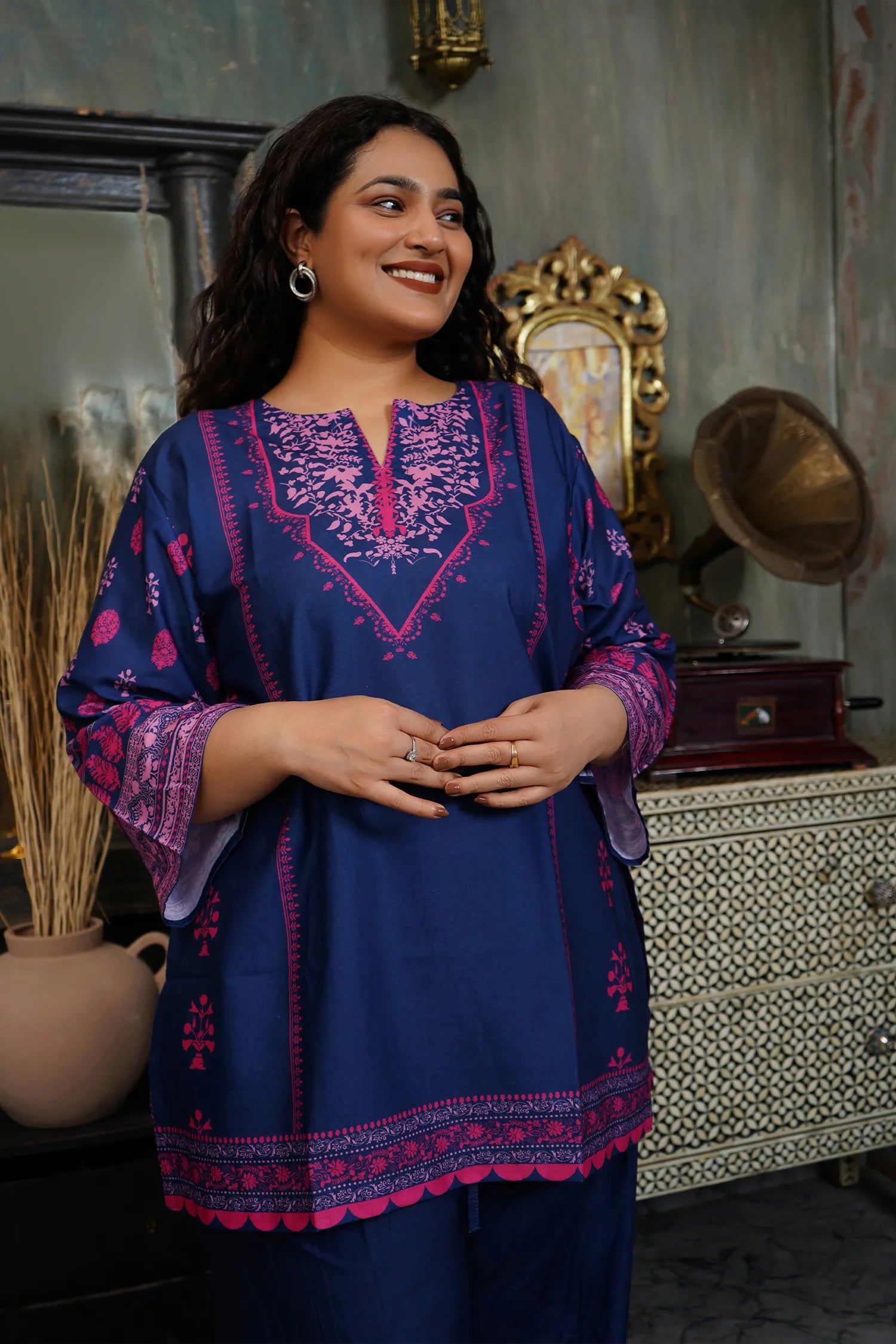 Plus Size - Navy & Pink Printed Lawn Cotton Co-ord Set