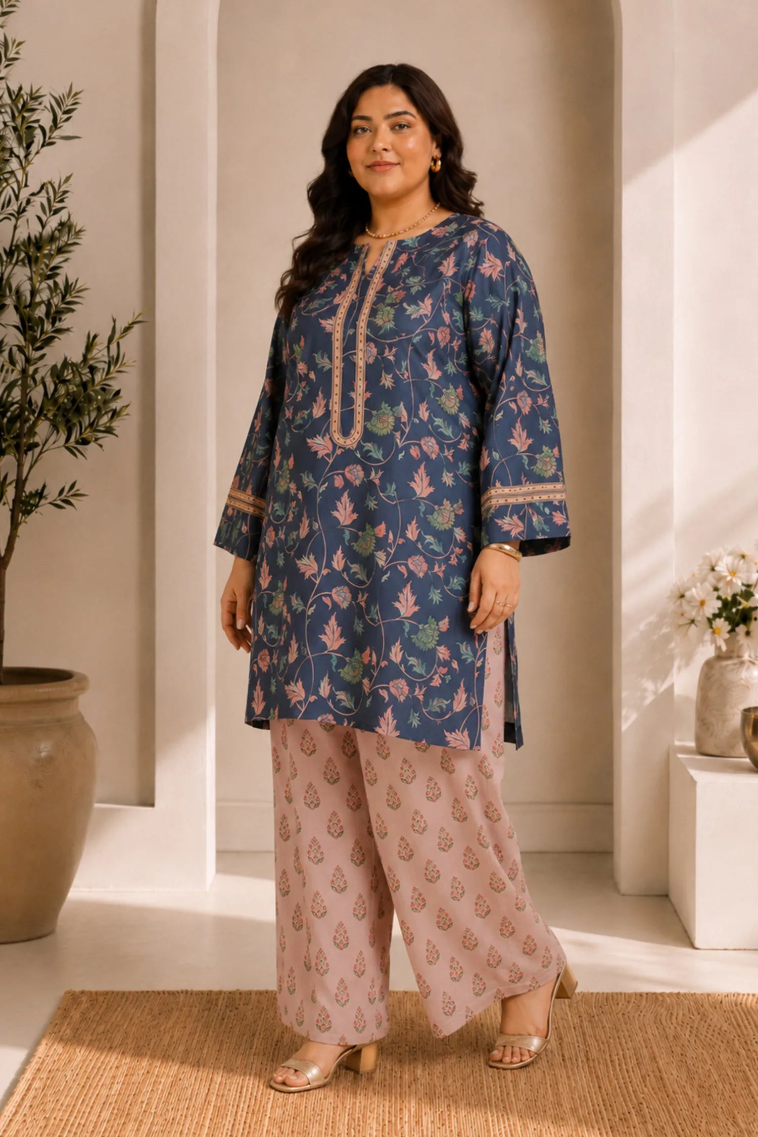 Plus Size - Teal Floral Printed  Lawn Cotton Co-ord Set